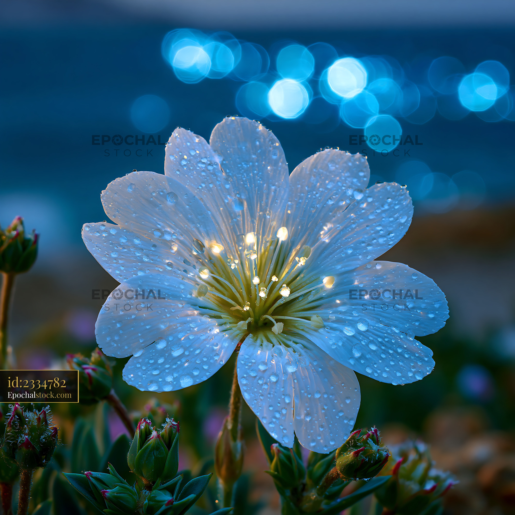 Flower With Water Droplets in Front of Blue Bokeh Background - stock photo