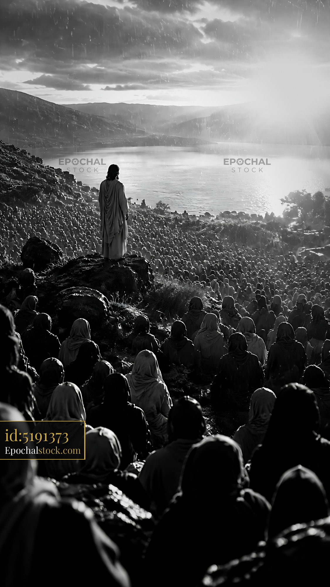 Watermarked full-resolution preview of Crowd listening to a figure speaking near a lake