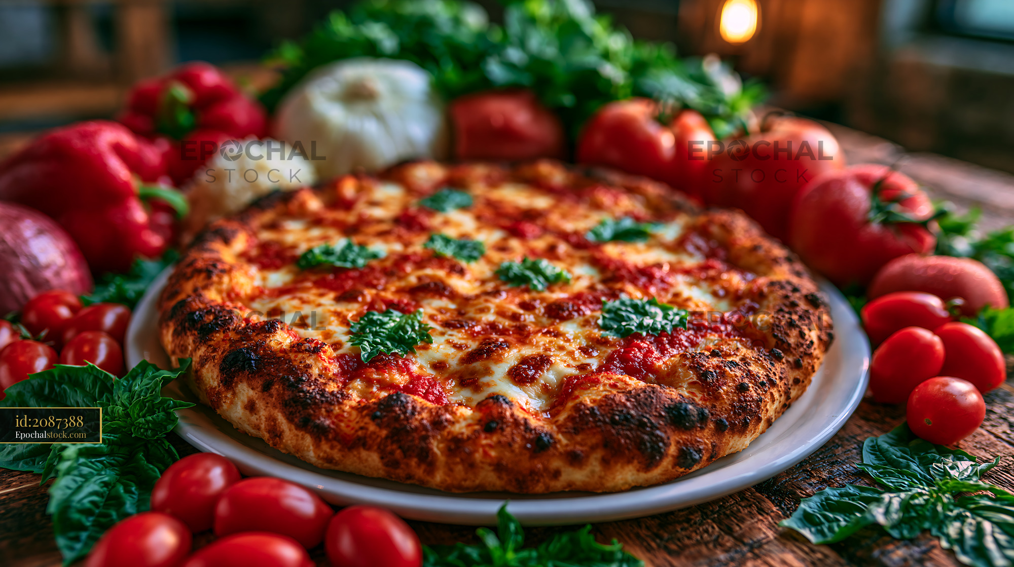 Watermarked full-resolution preview of Cheese pizza with fresh vegetables on rustic table