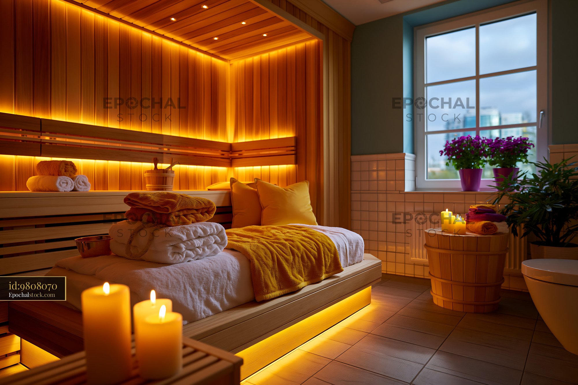 Watermarked full-resolution preview of Relaxing spa room with candles and wooden decor