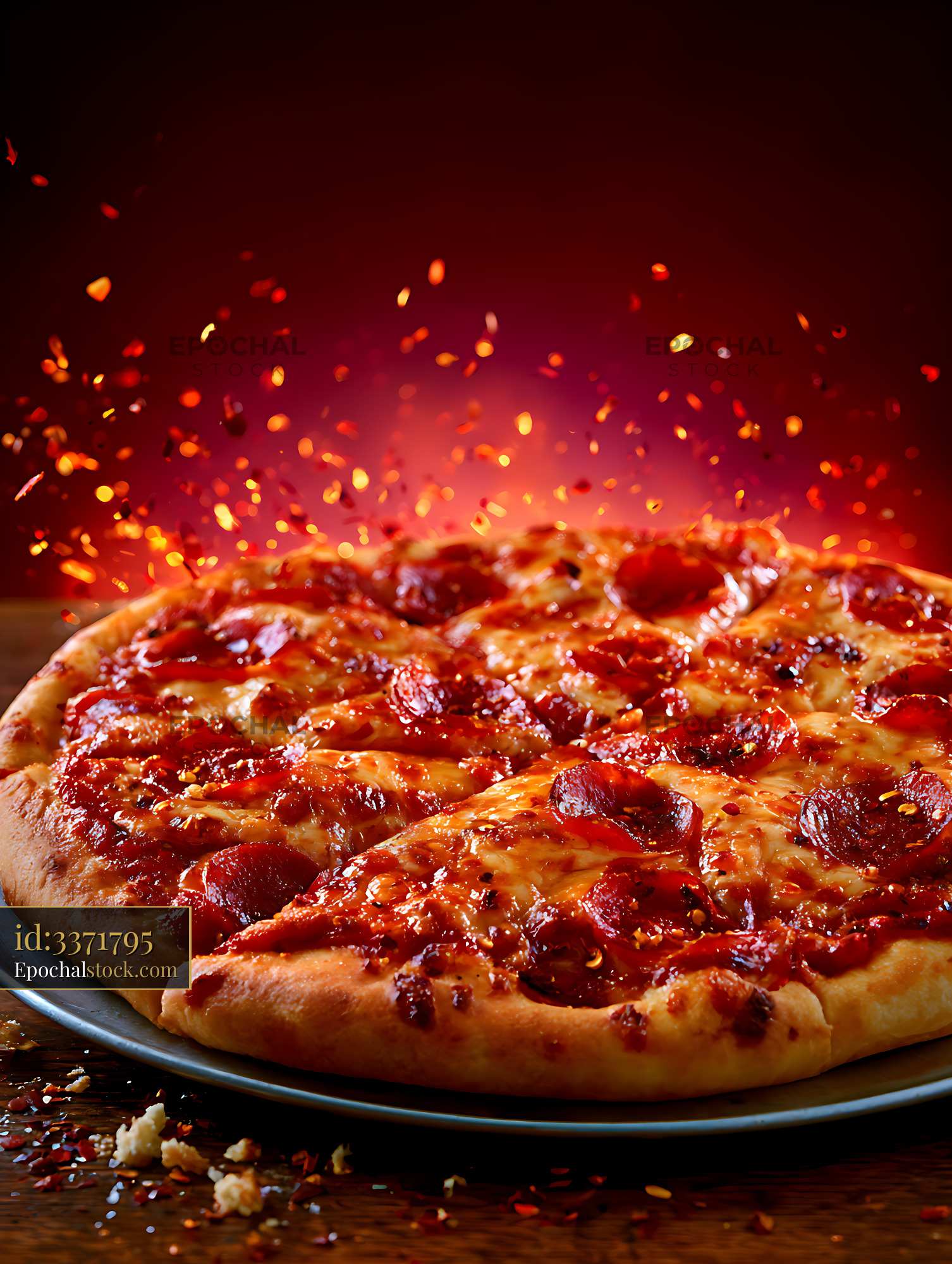 Watermarked full-resolution preview of Pepperoni pizza with spicy flakes in dramatic light