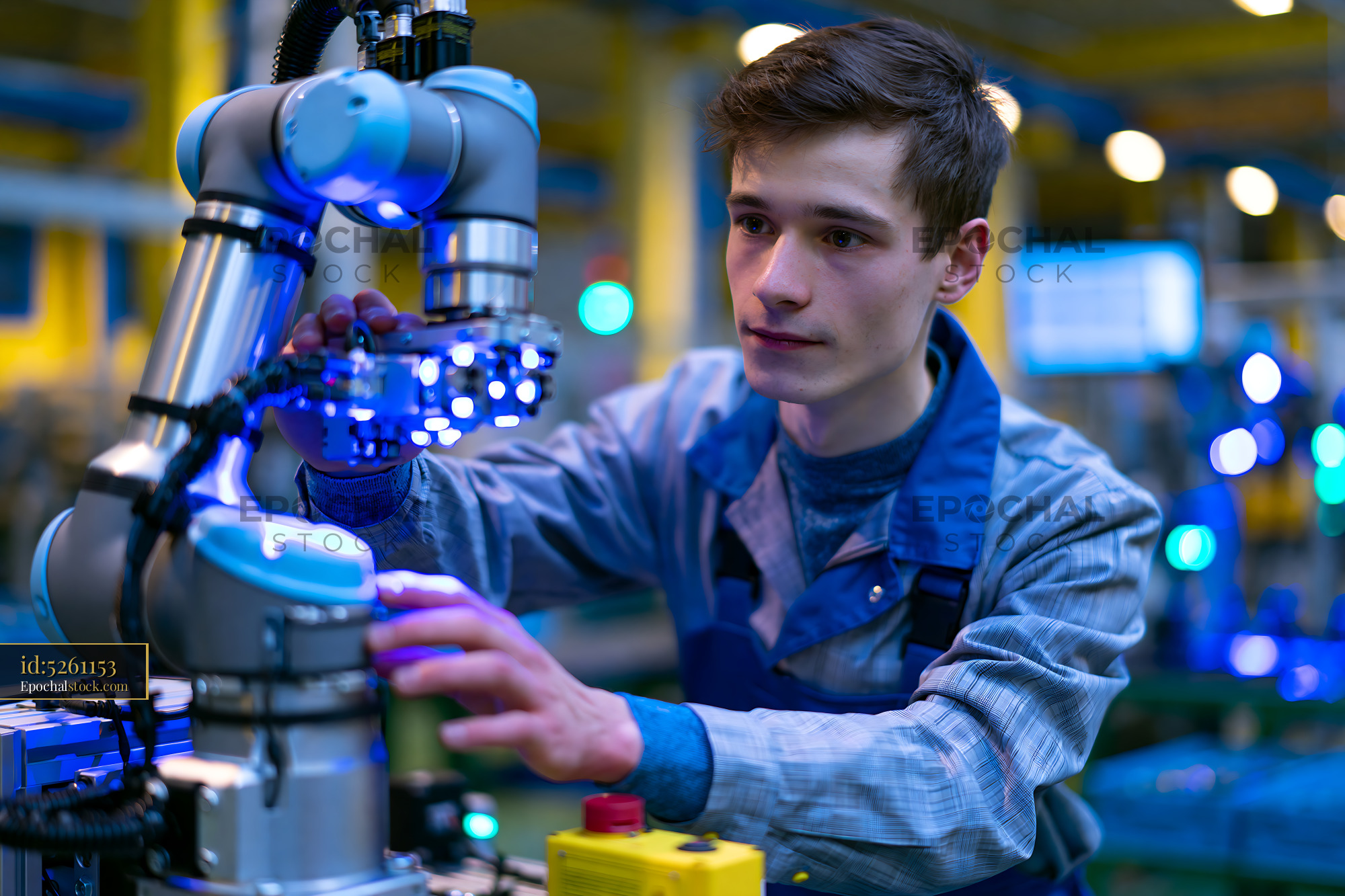 Watermarked full-resolution preview of Technician working with a robotic arm in an illuminated workspace