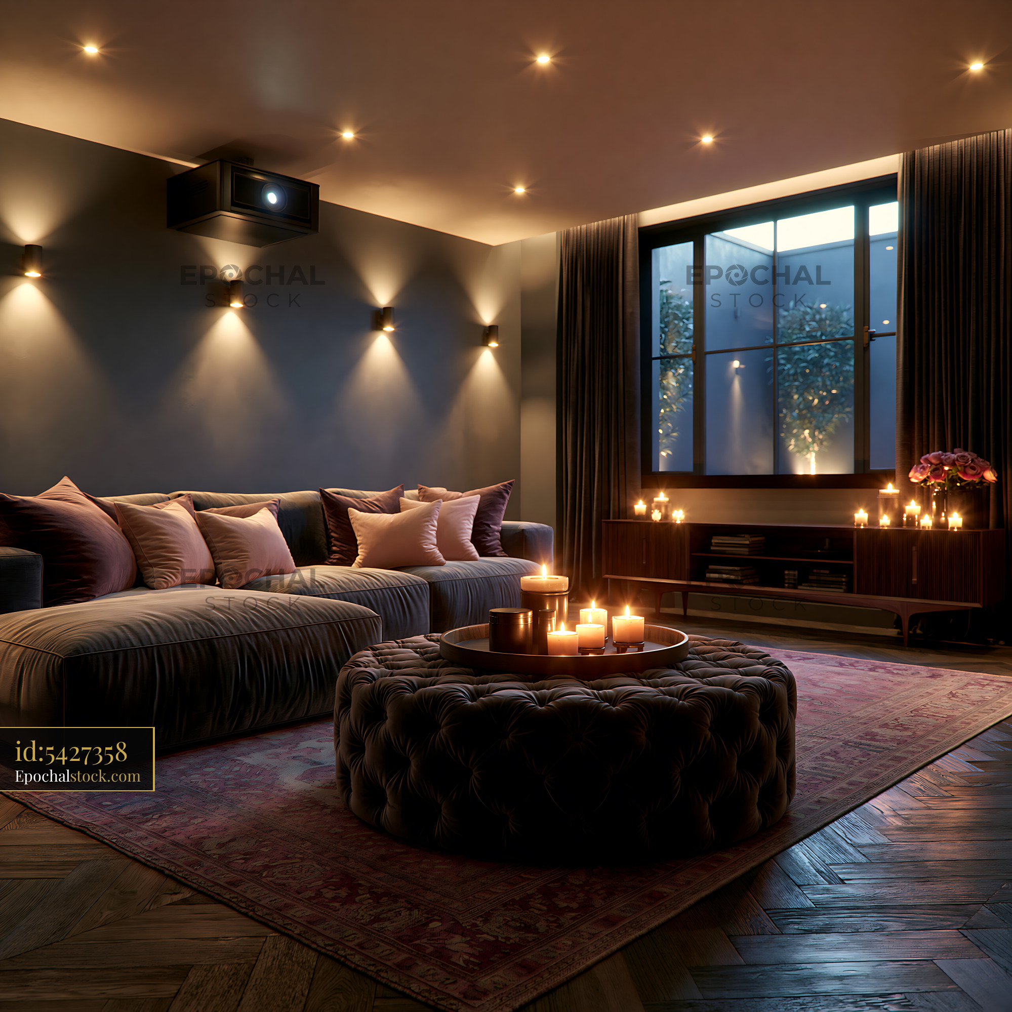 Watermarked full-resolution preview of Cozy living room with candles and soft seating in the evening