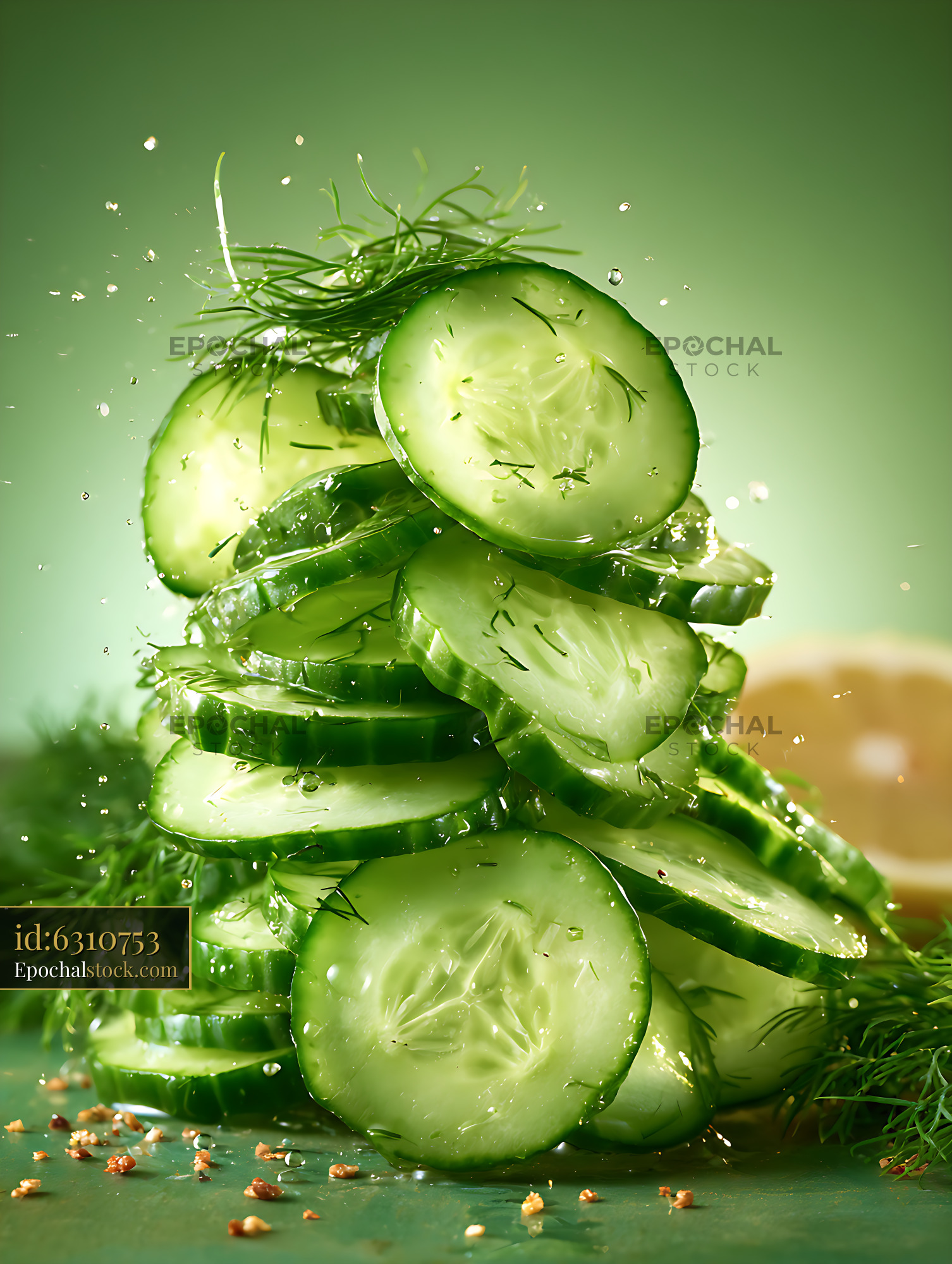 Watermarked full-resolution preview of Stacked cucumber slices with fresh dill and water droplets