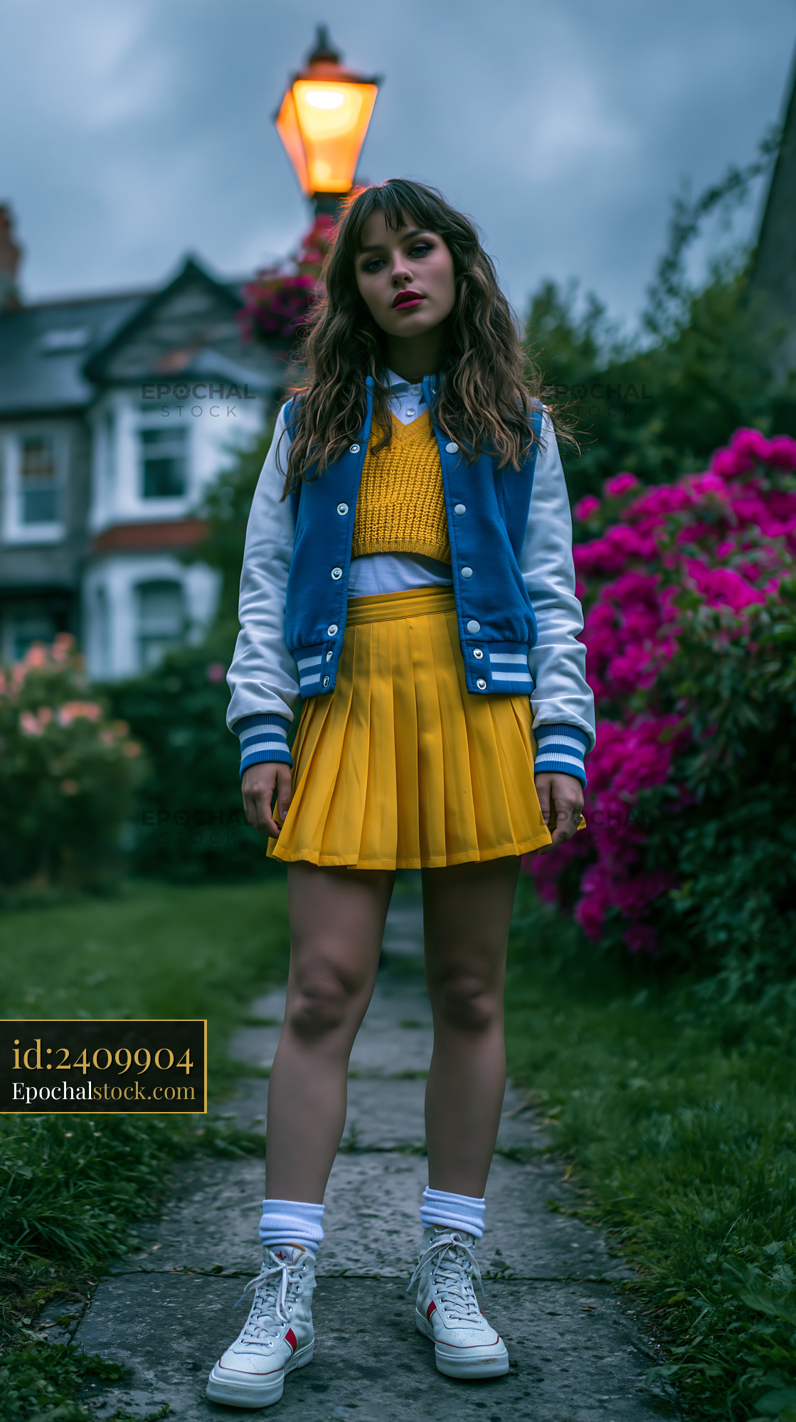 Watermarked full-resolution preview of Young woman stands on a path surrounded by flowers in the evening