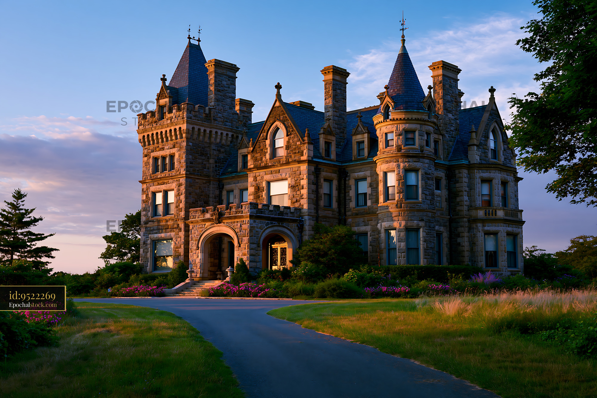 Watermarked full-resolution preview of Historic castle with tower and stone architecture at sunset