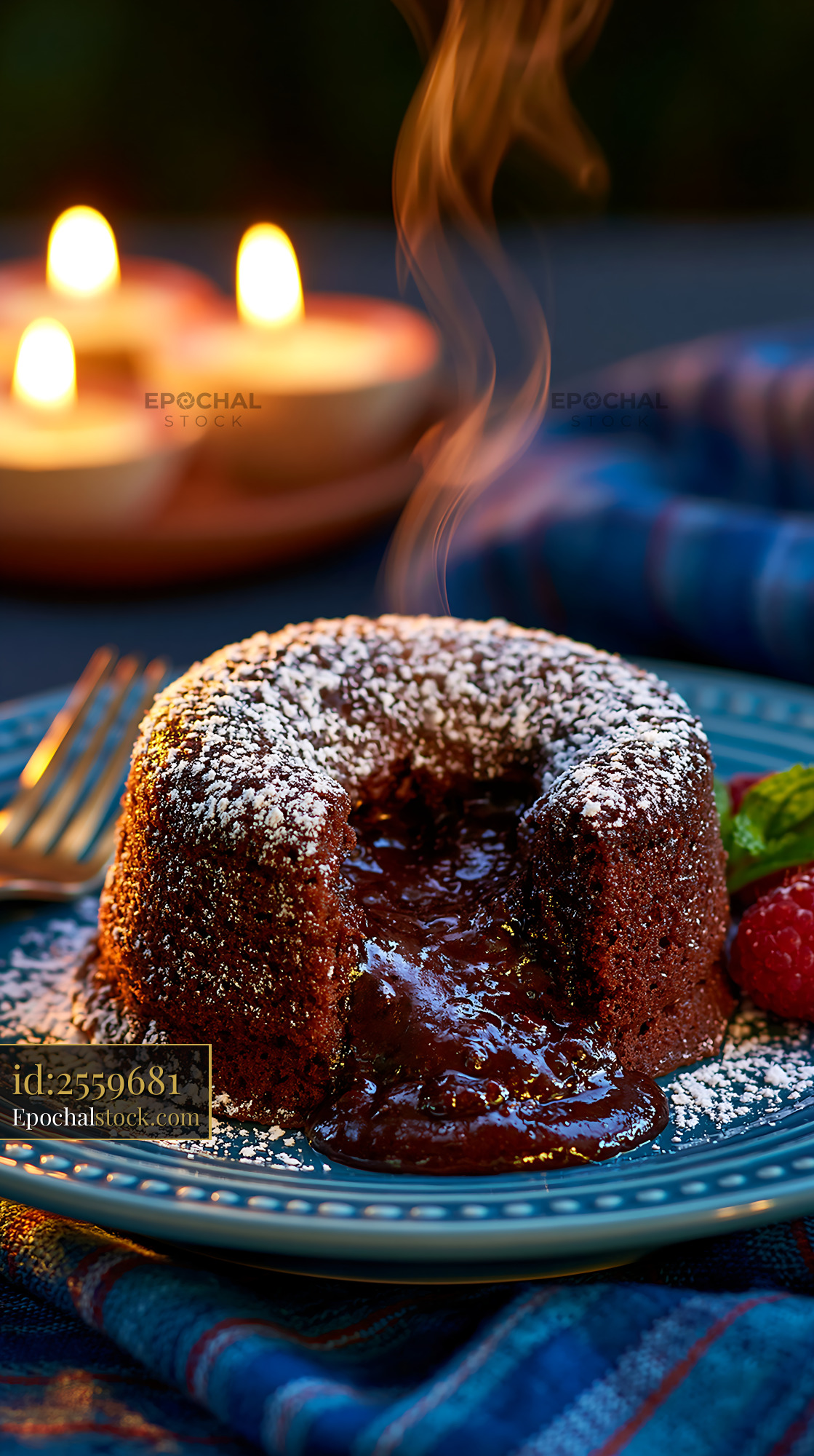Watermarked full-resolution preview of Chocolate lava cake served on a plate with dessert garnishes