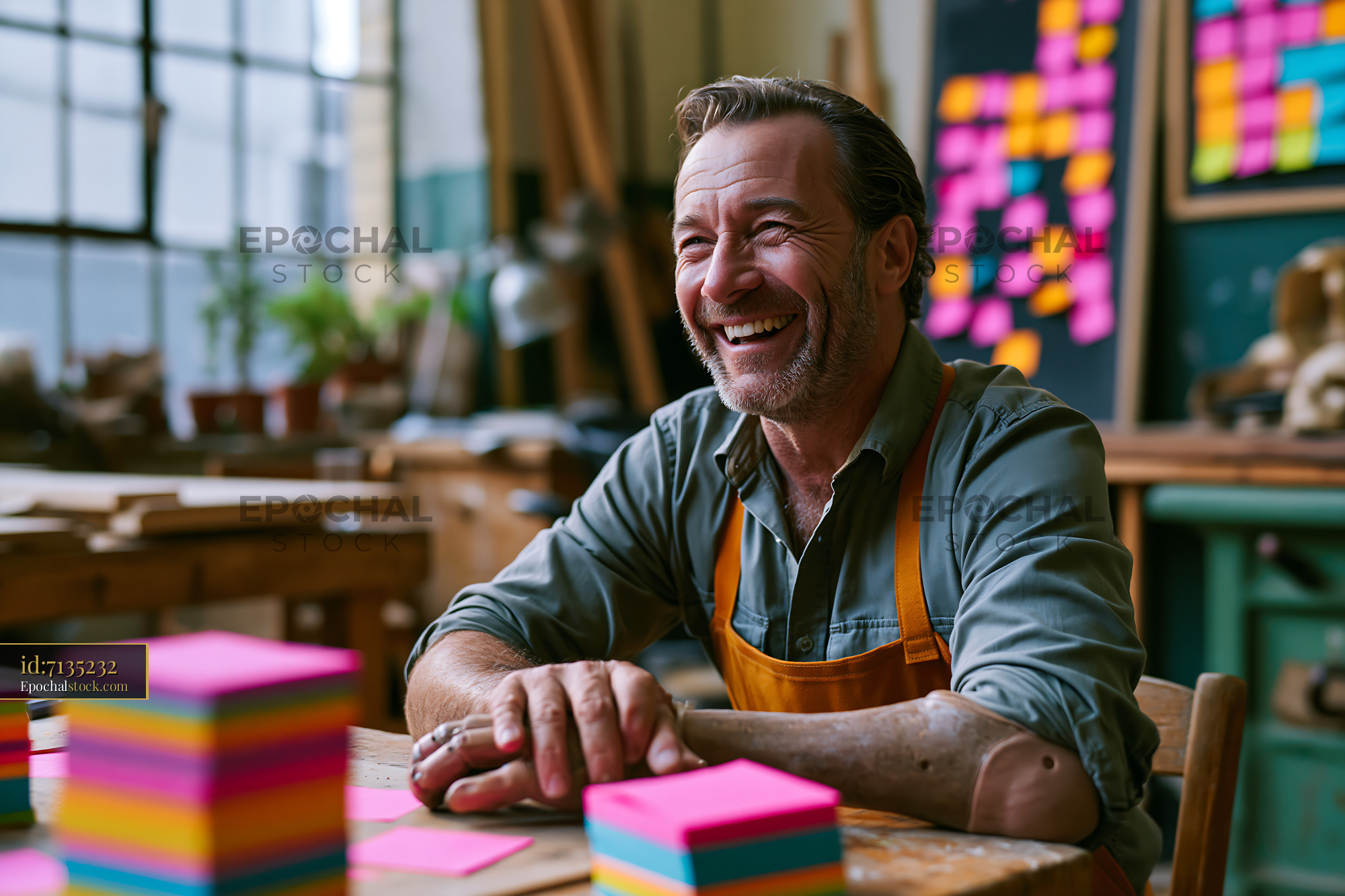 Watermarked full-resolution preview of Smiling man at a workshop with colorful sticky notes