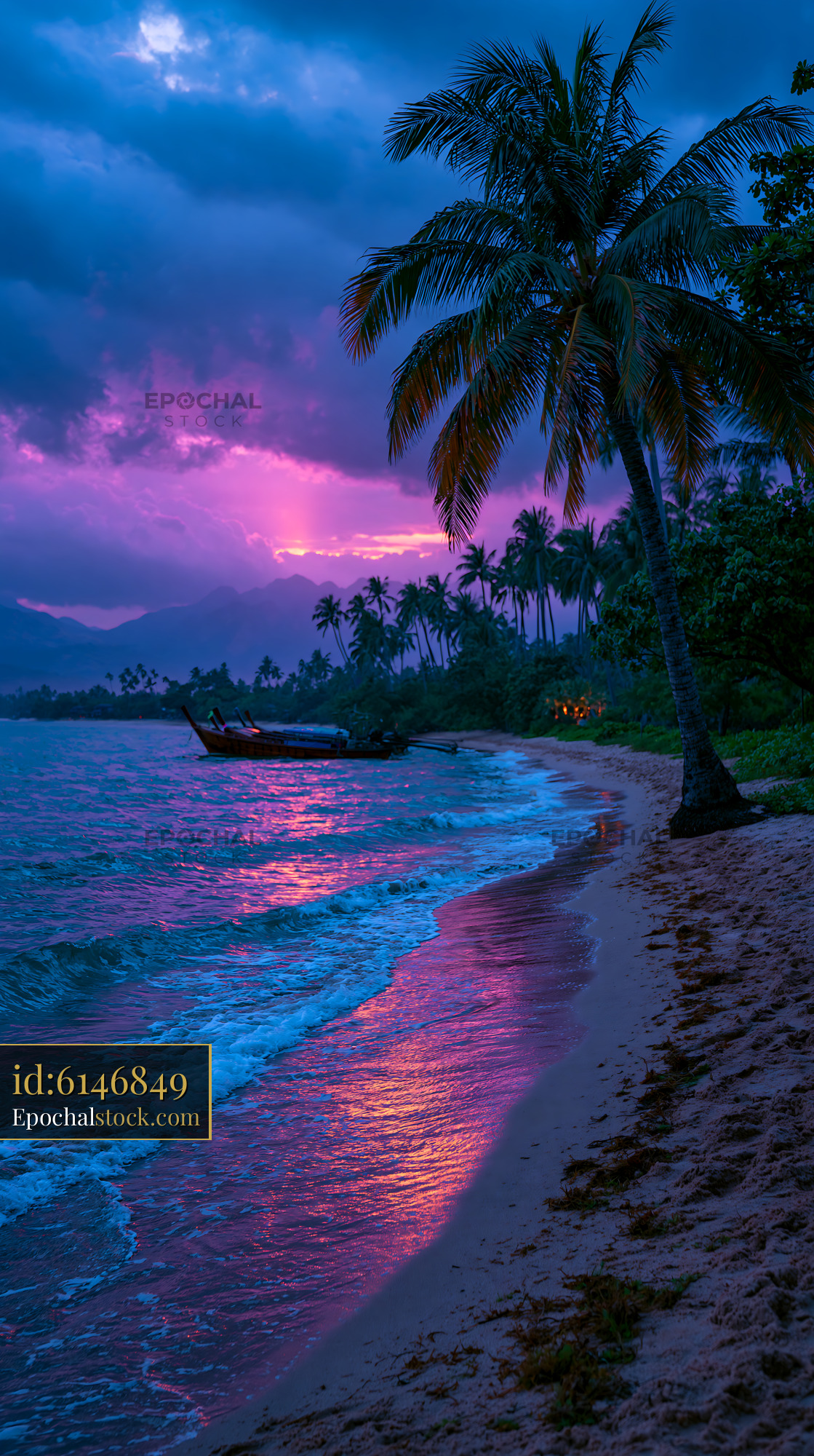 Watermarked full-resolution preview of Palm-lined tropical shoreline glowing under a colorful evening sky