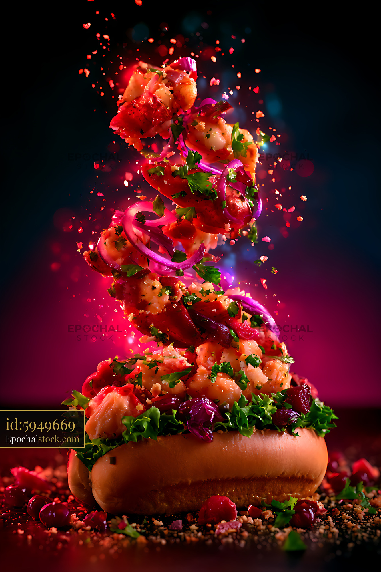Watermarked full-resolution preview of Colorful seafood hot dog with herbs and scattered ingredients