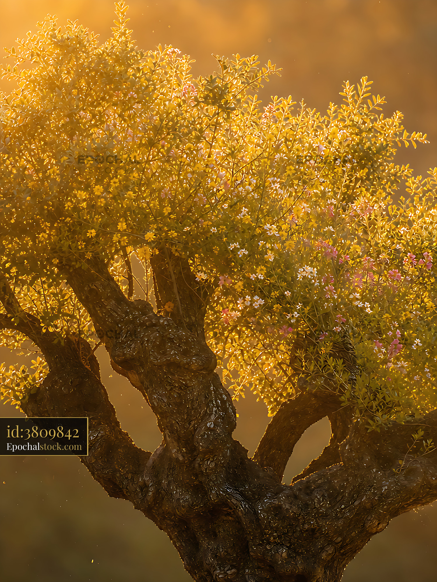 Tree Branches With Golden Light Shining Through Leaves at Sunset - stock photo