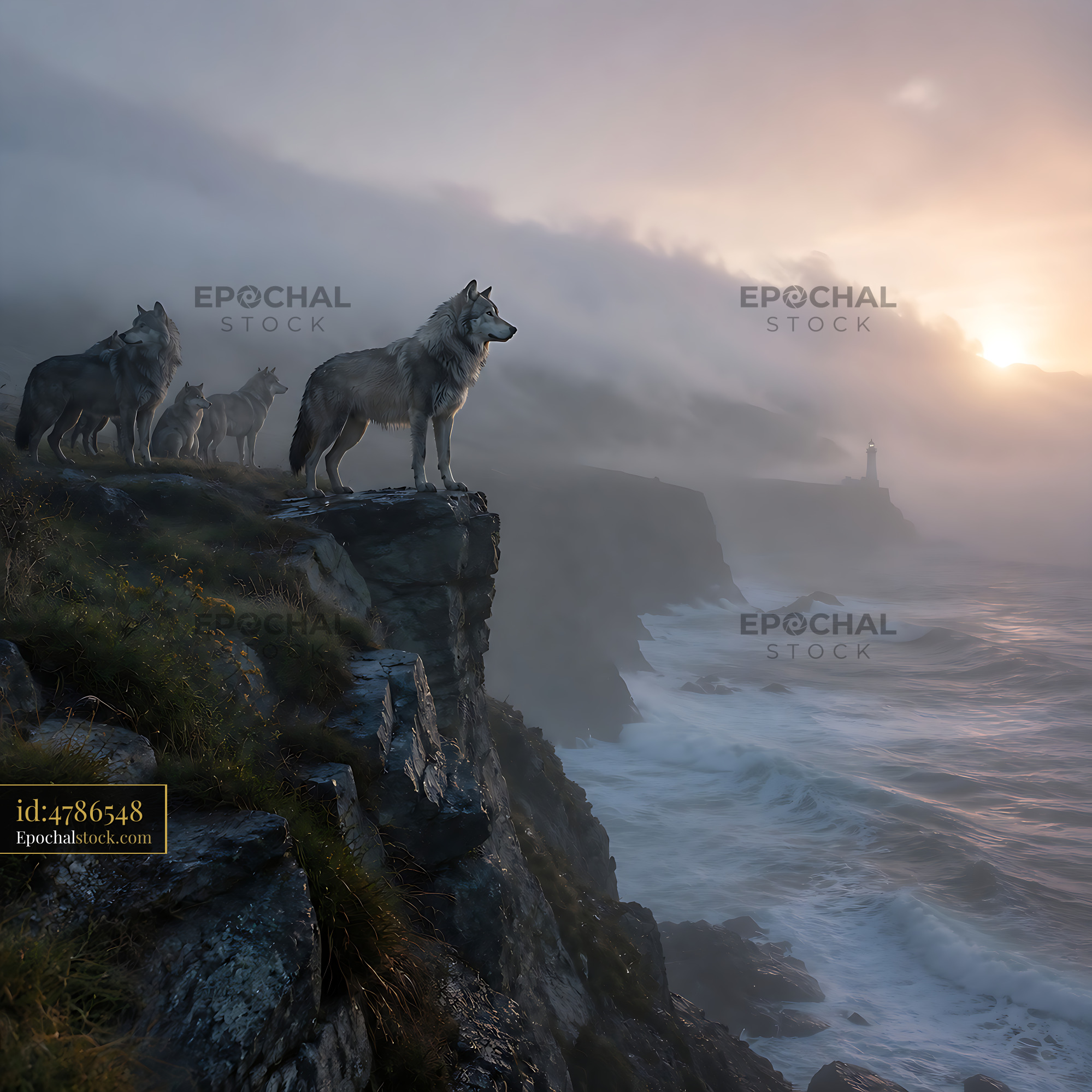 Watermarked full-resolution preview of Wolves on a cliff during sunset near the ocean