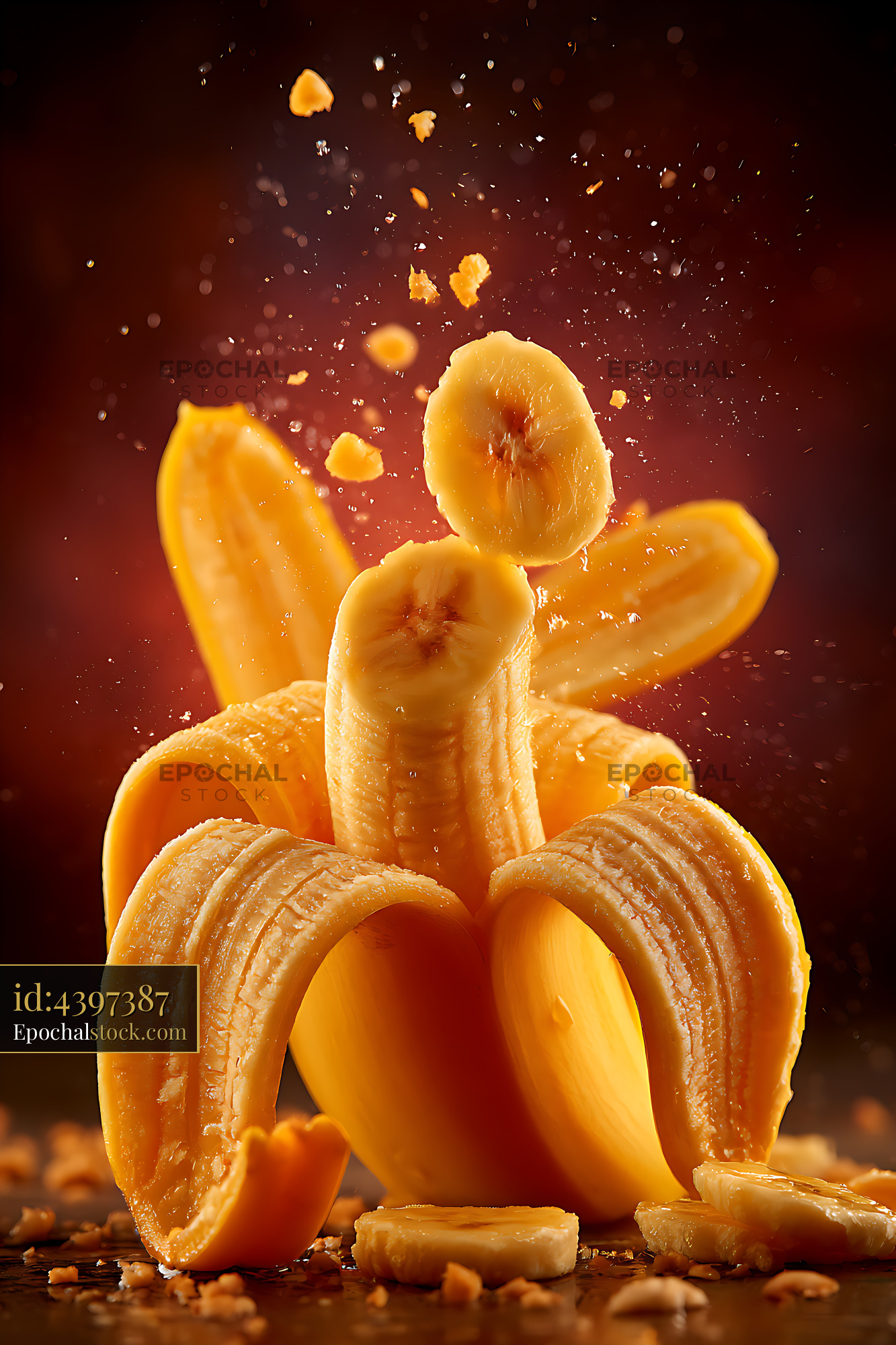 Watermarked full-resolution preview of Peeled banana surrounded by flying fruit and droplets