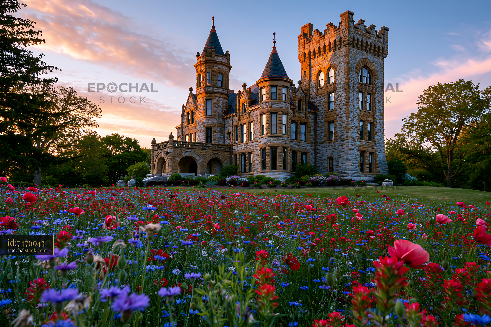 Watermarked full-resolution preview of Historic castle surrounded by a colorful flower garden at sunset