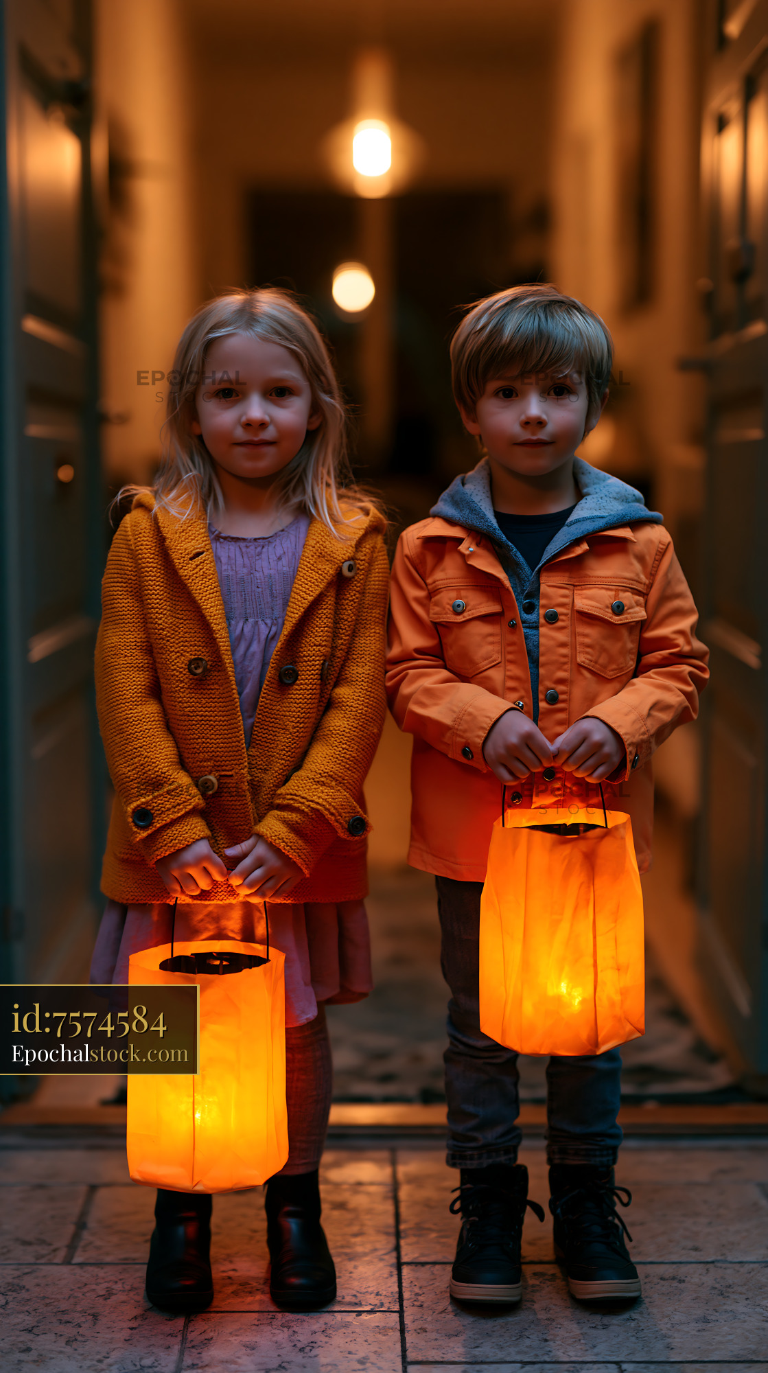 Watermarked full-resolution preview of Children holding lanterns at the entrance of a building