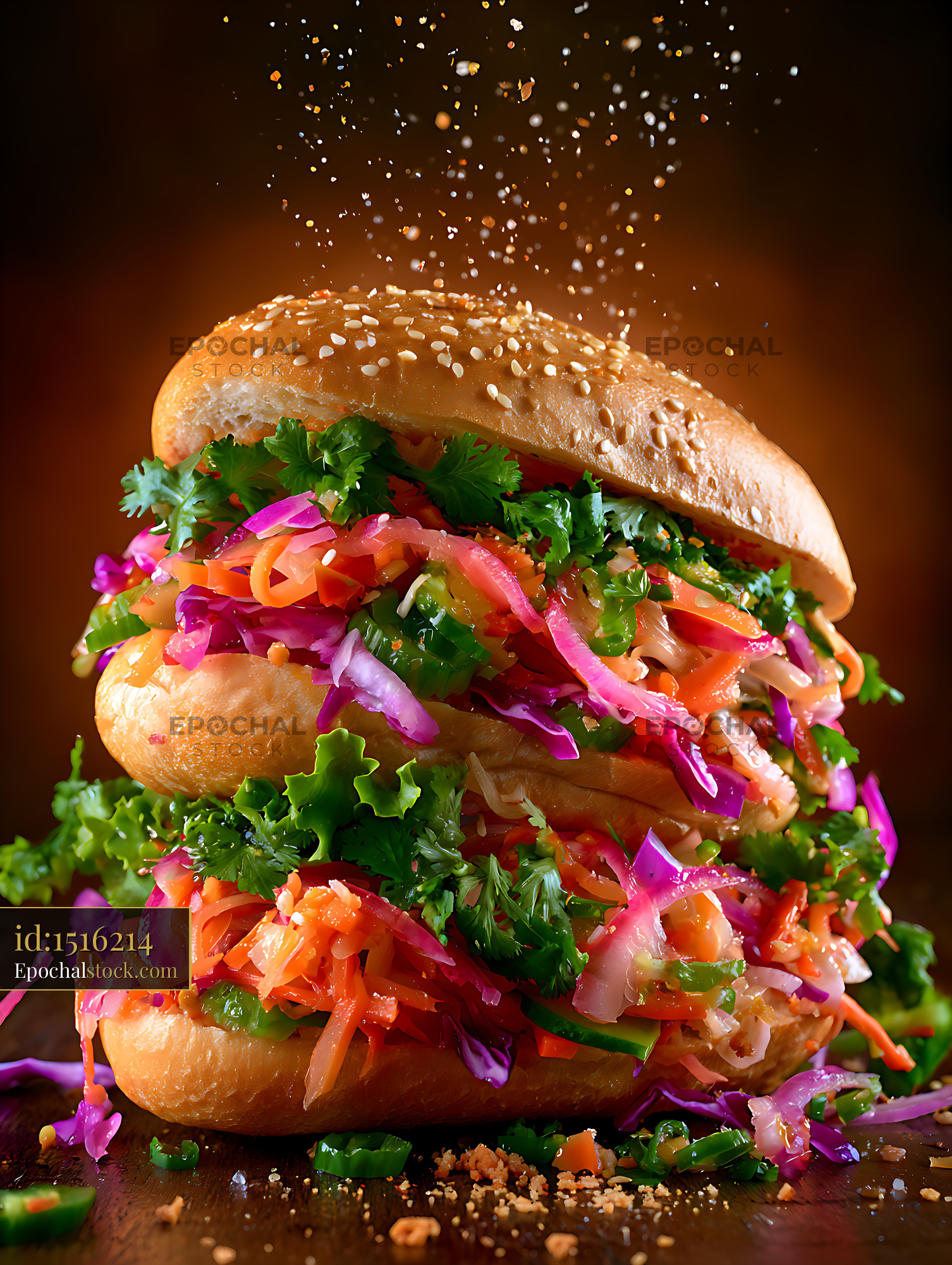 Watermarked full-resolution preview of Fresh vegetable sandwich topped with sesame seeds