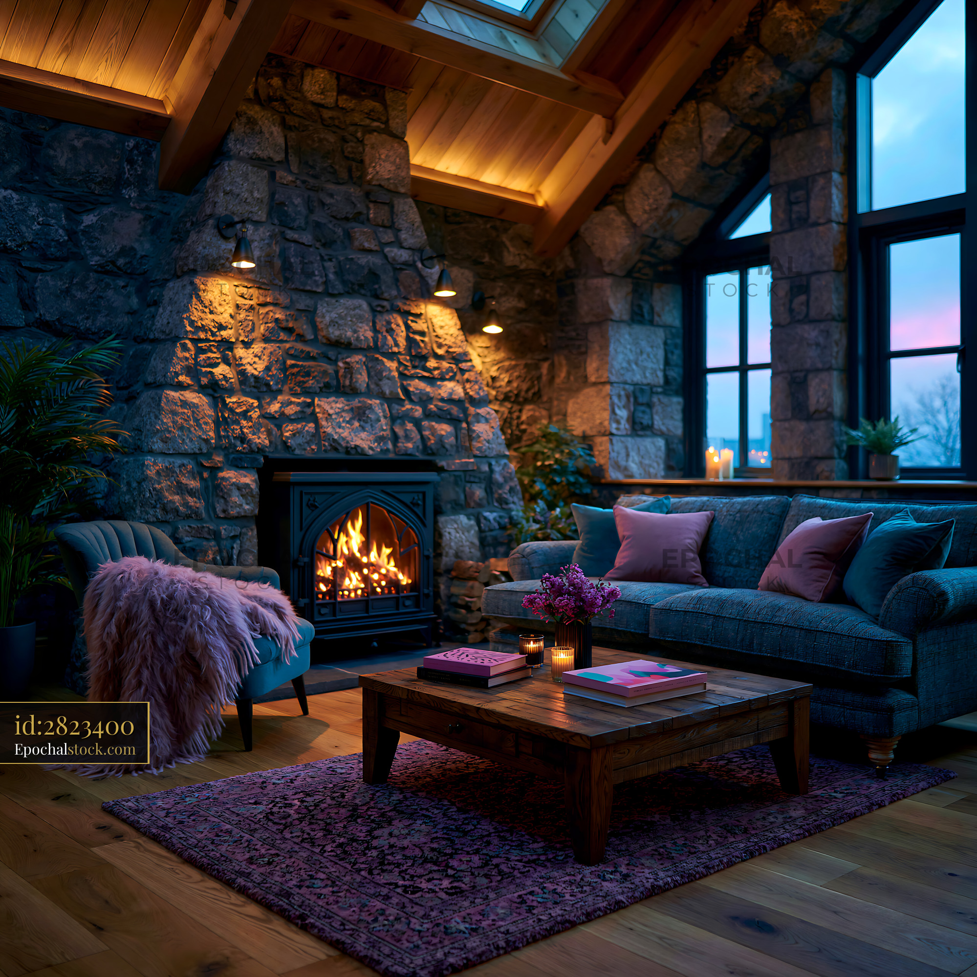 Watermarked full-resolution preview of Cozy living room with stone walls and fireplace at sunset