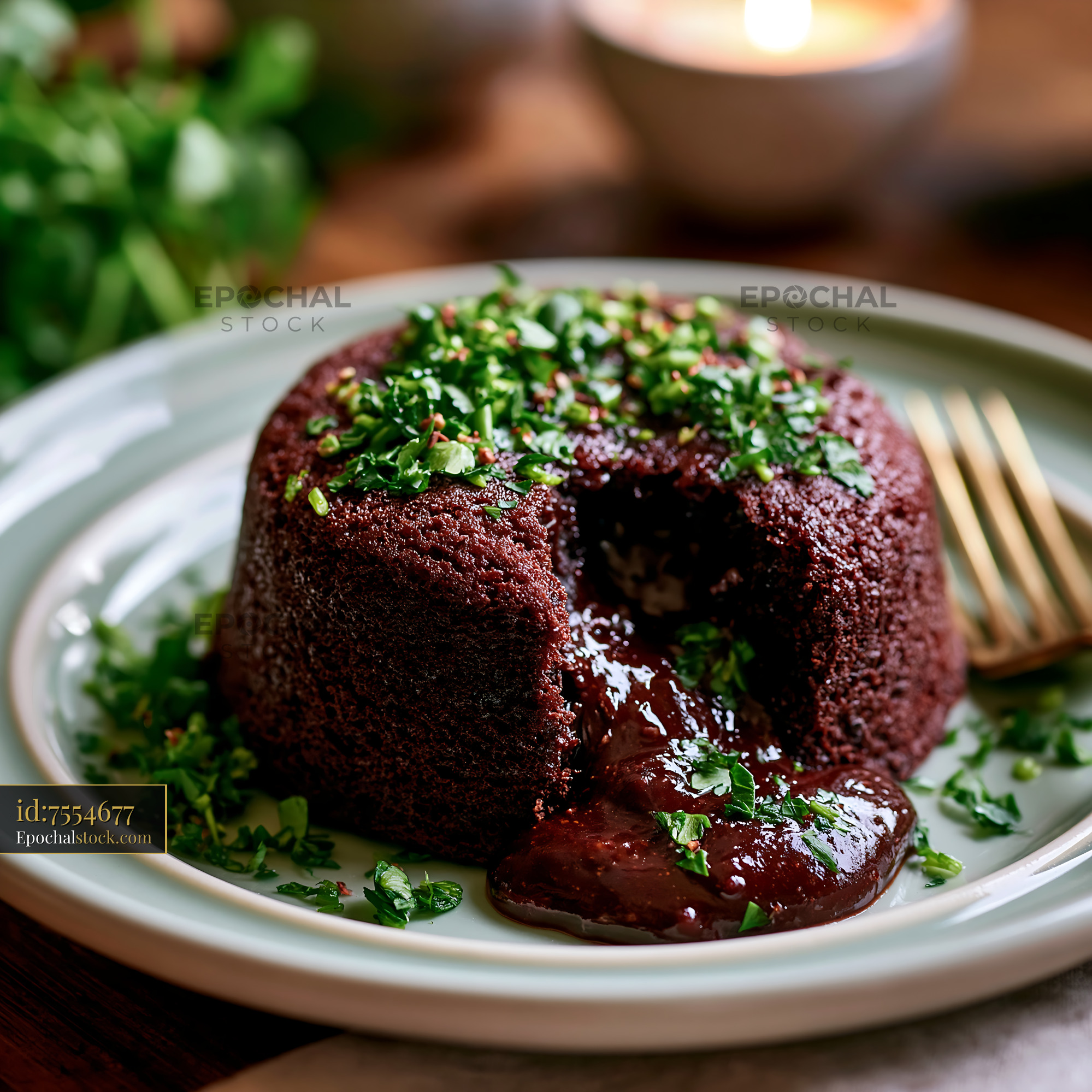 Watermarked full-resolution preview of Chocolate cake with melting center garnished with herbs