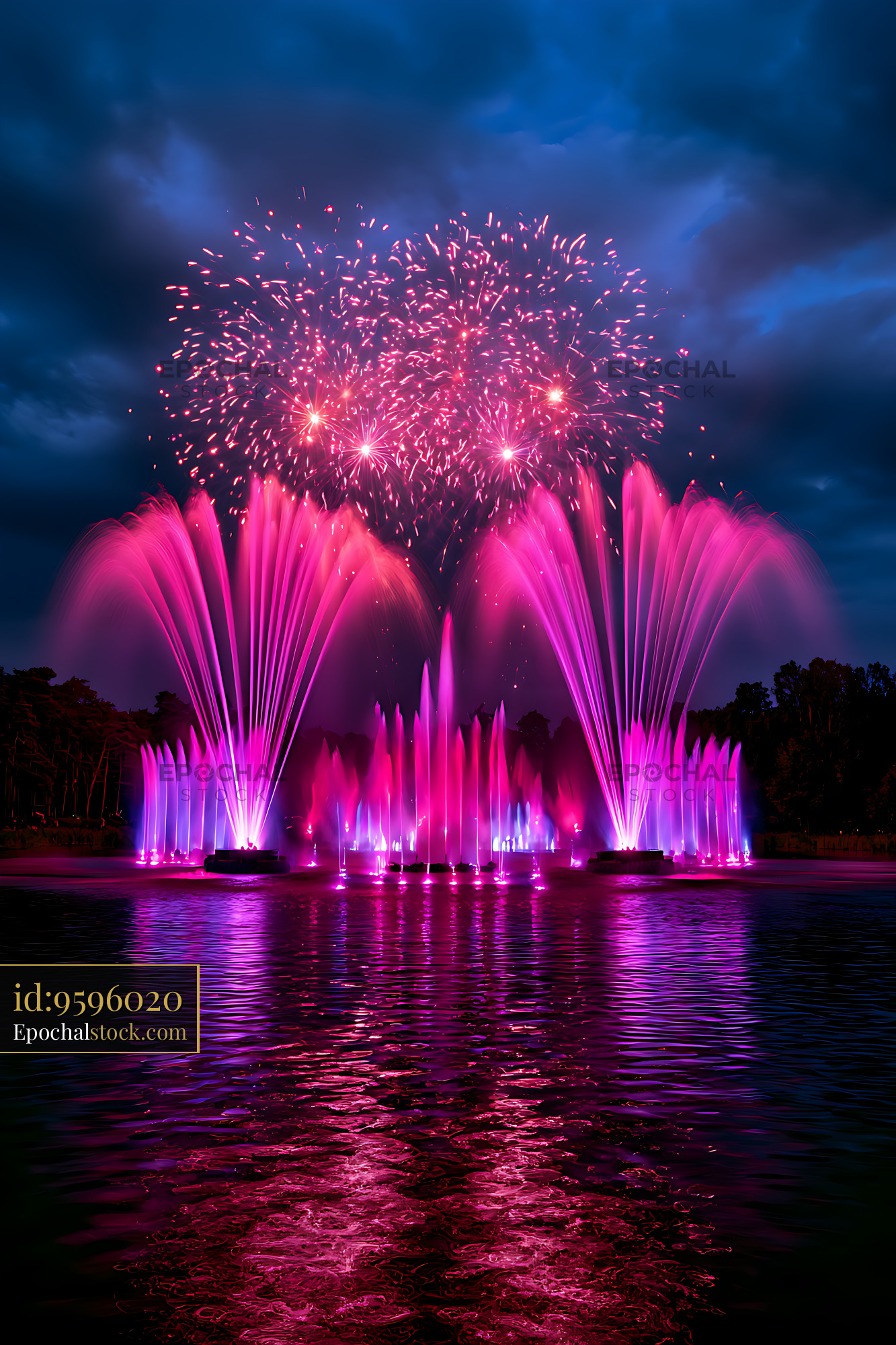 Watermarked full-resolution preview of Pink and purple fountain show with fireworks at night