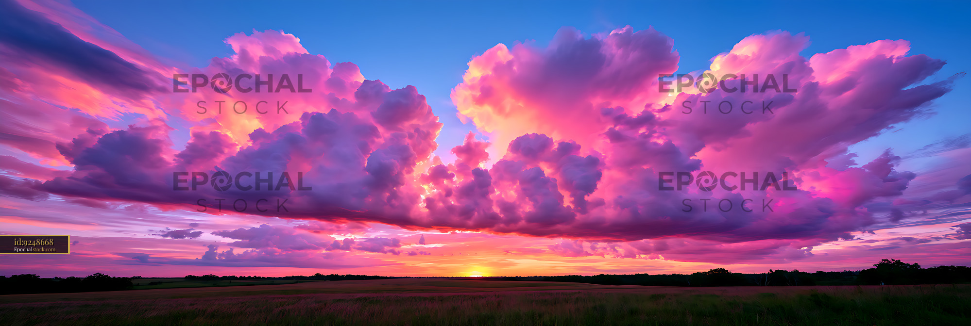 Watermarked full-resolution preview of Panoramic sunset sky above countryside fields
