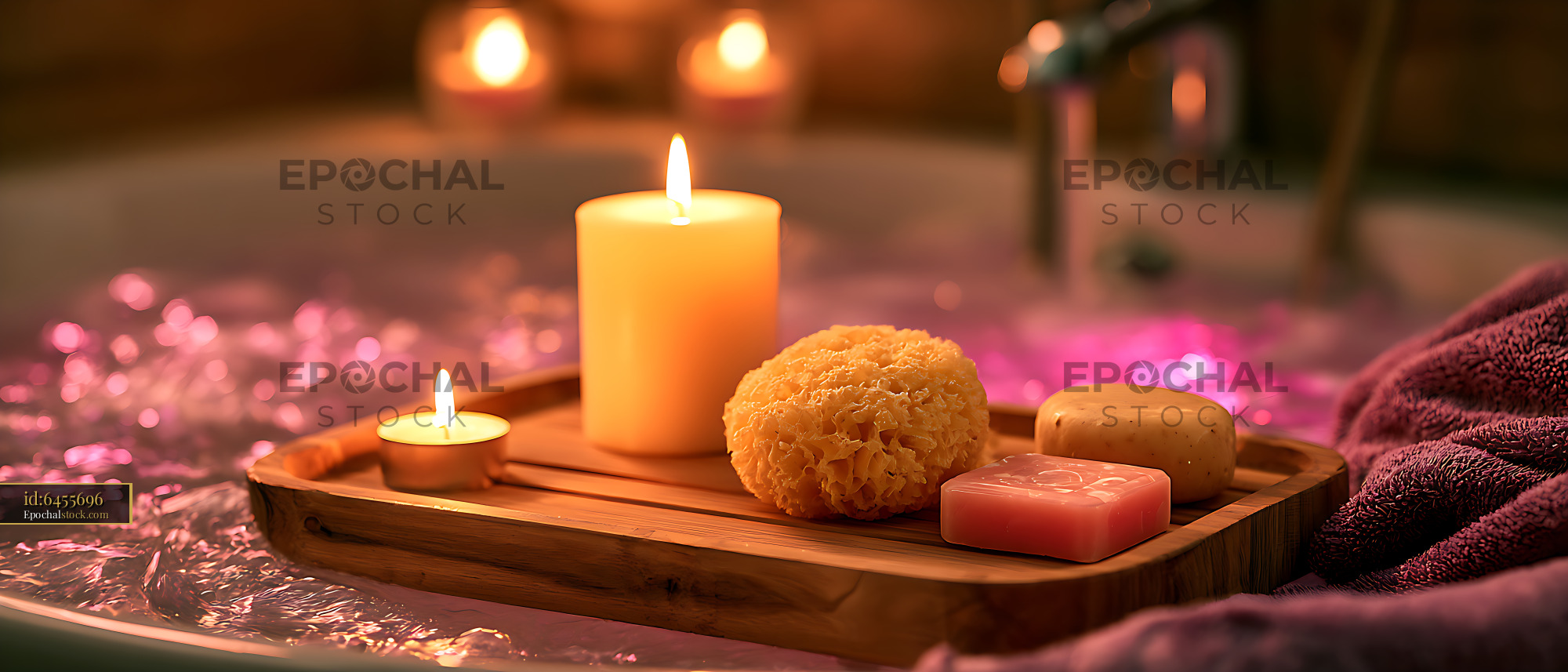 Watermarked full-resolution preview of Relaxing candlelit bathtub with spa accessories