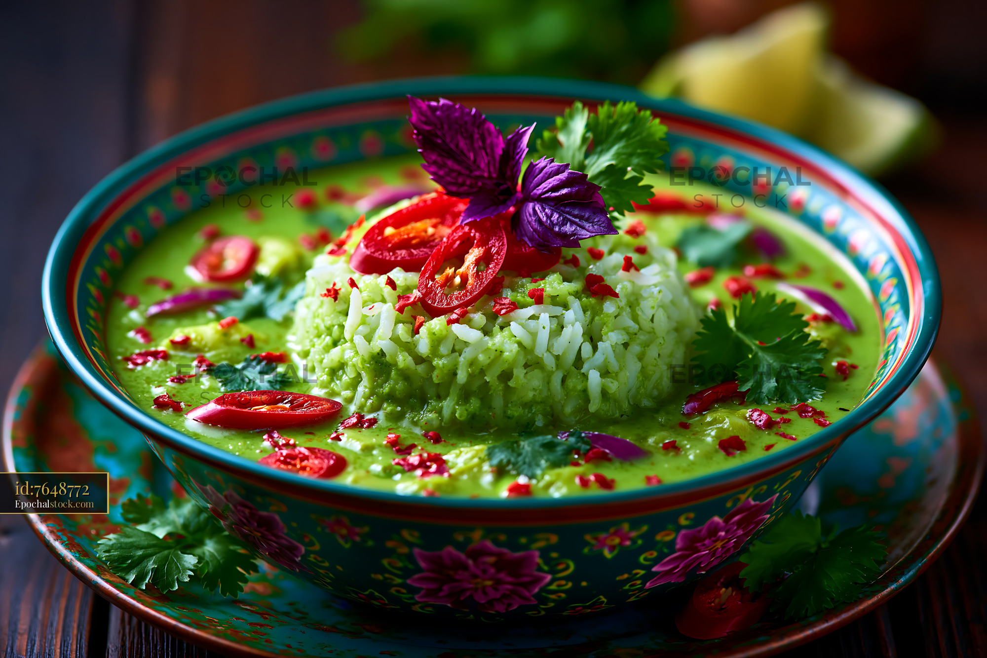 Watermarked full-resolution preview of Close-up green rice with chili and fresh herbs