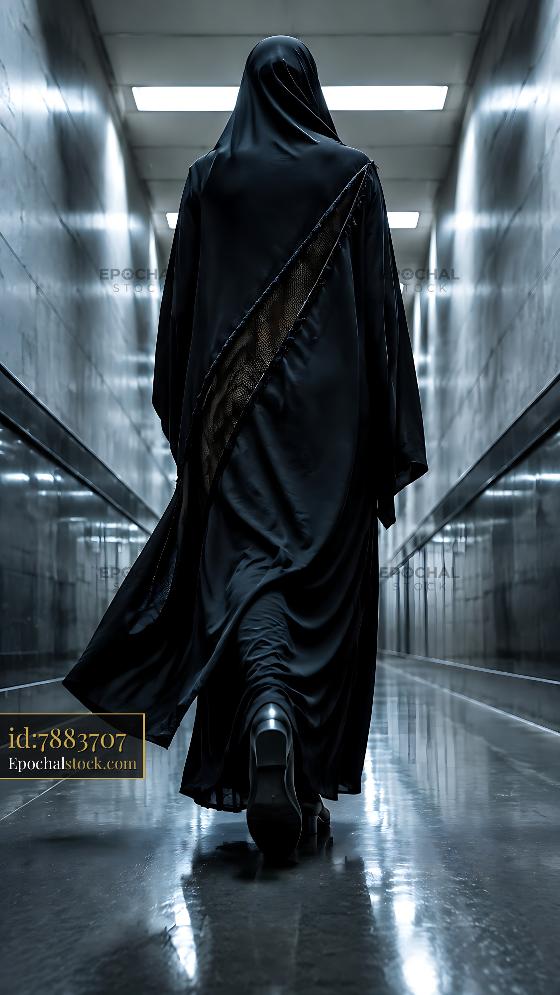Watermarked full-resolution preview of Person walking in hallway wearing black robe