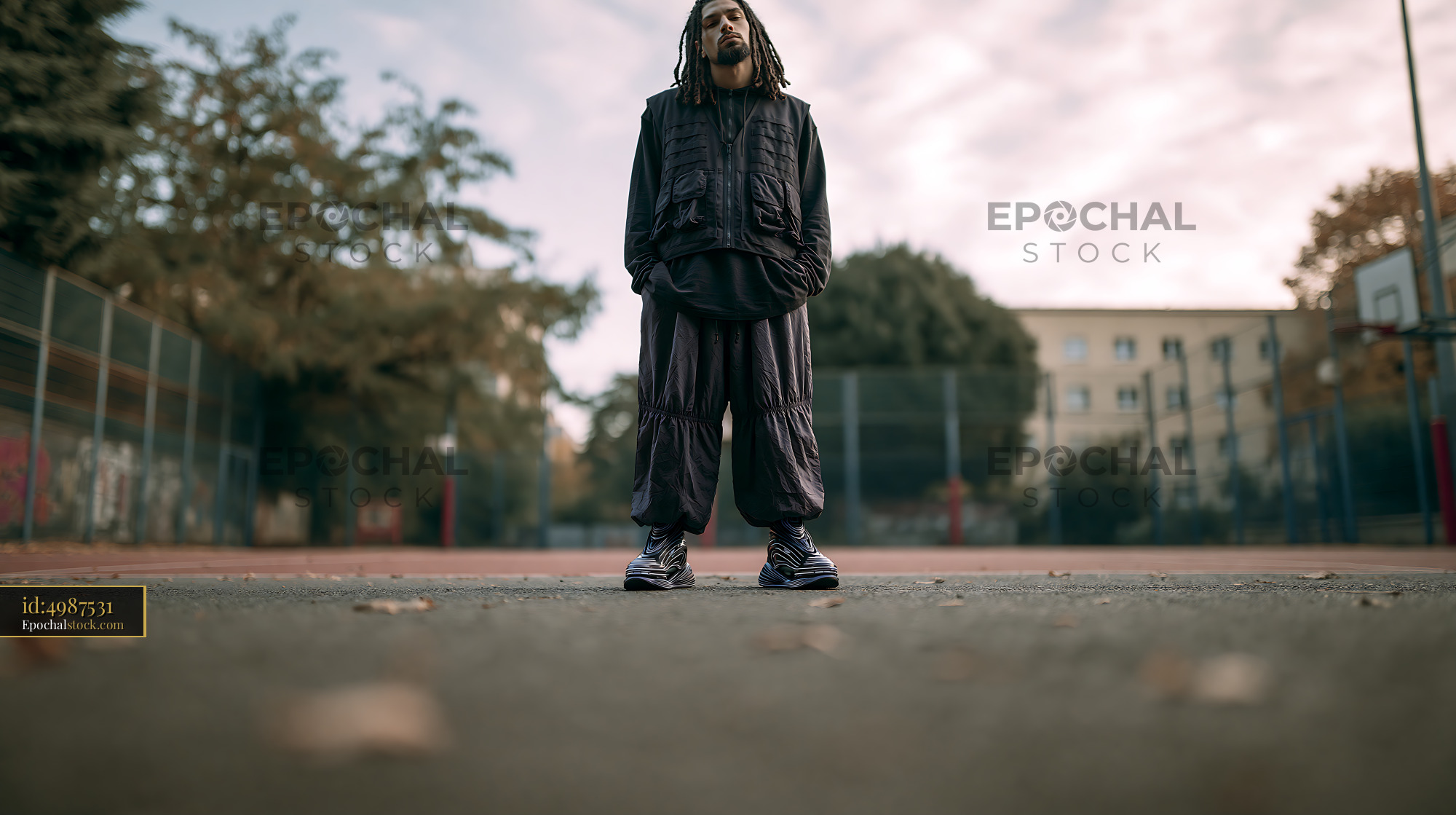 Man in Tactical Vest Standing Alone on Urban Basketball Court - stock photo