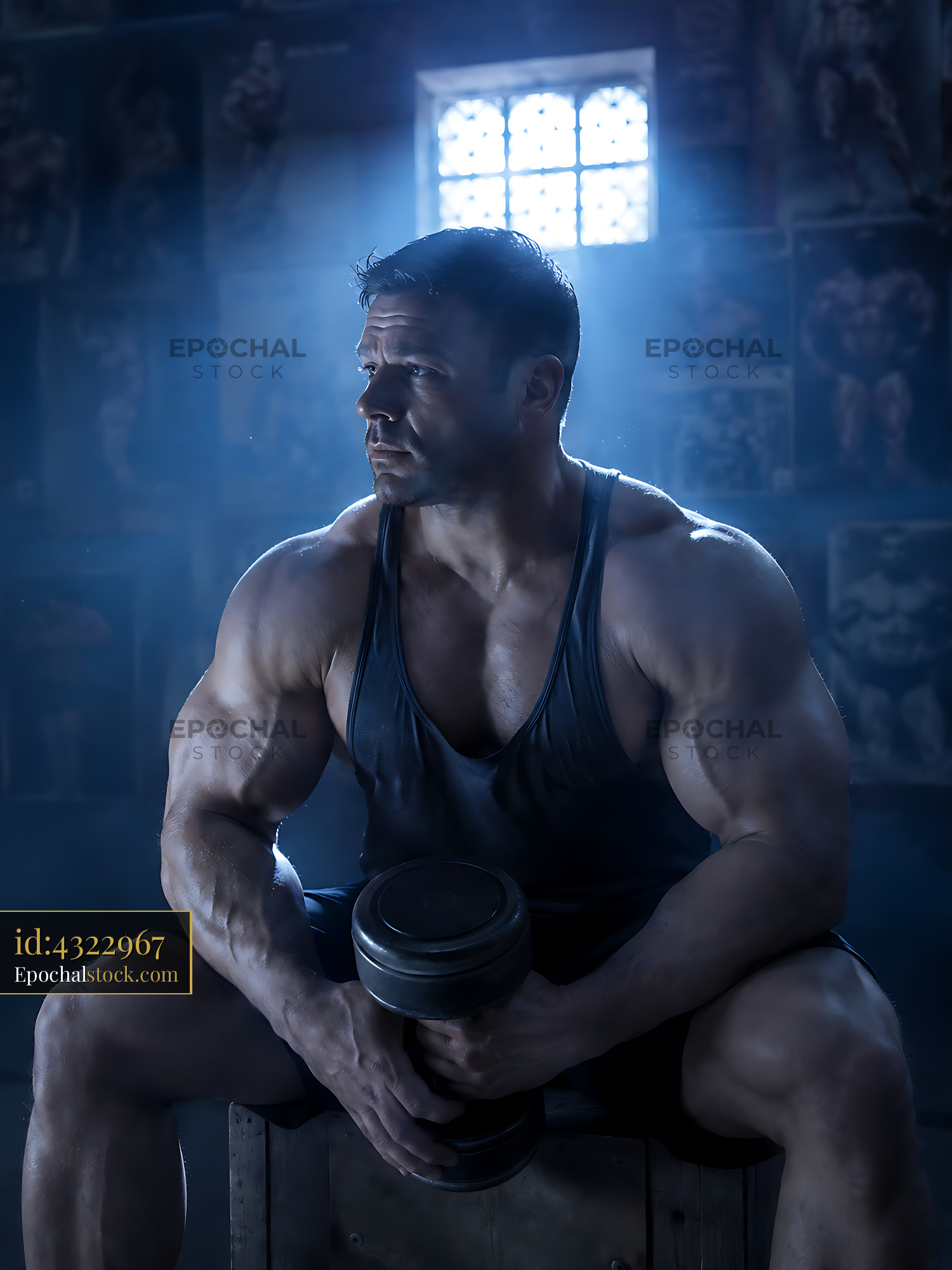 Watermarked full-resolution preview of Strong man resting after workout in gym setting