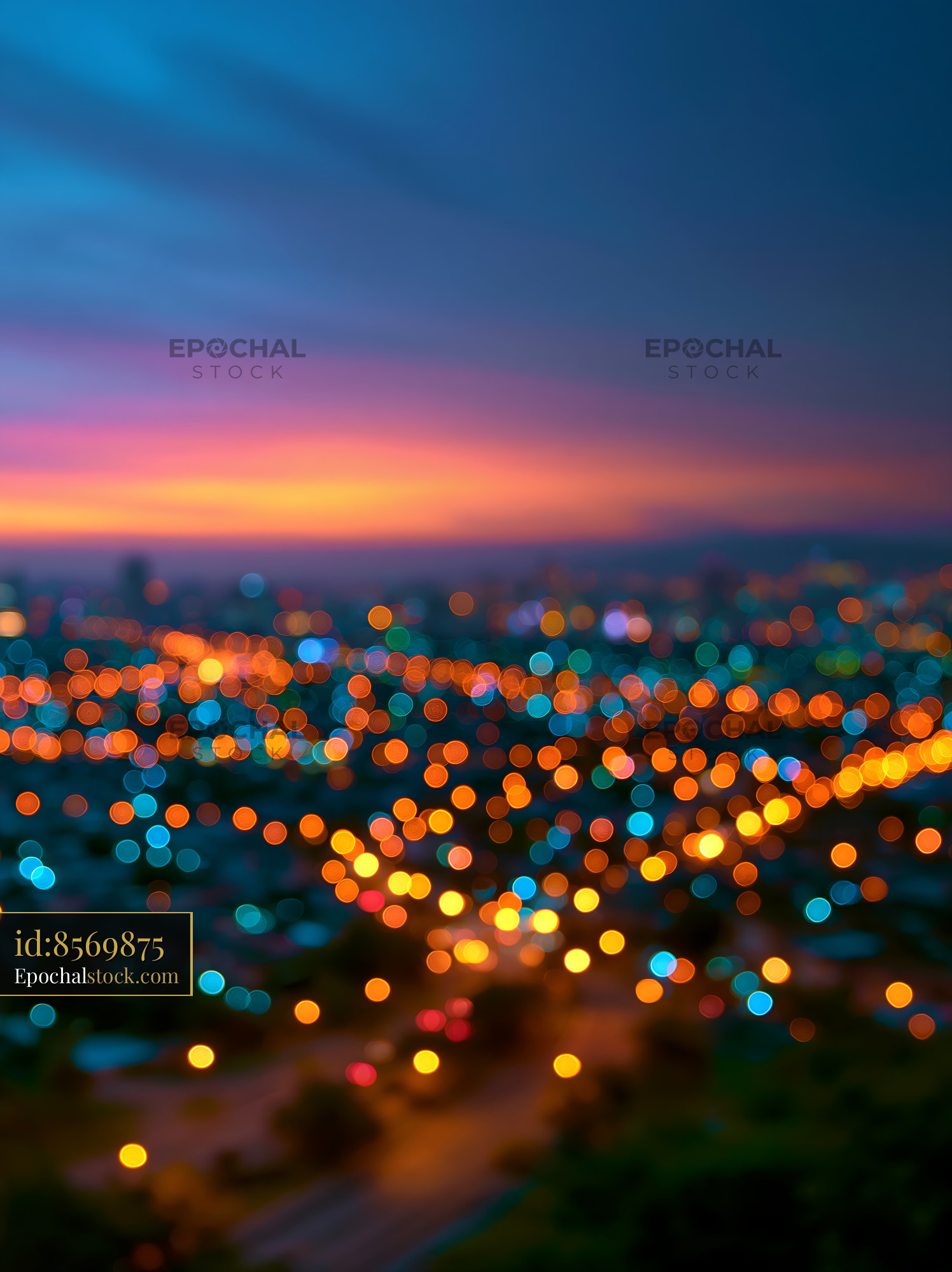 Watermarked full-resolution preview of Colorful cityscape at dusk with blurred lights and sunset hues