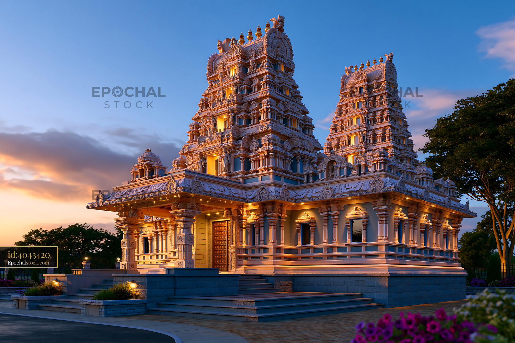 Watermarked full-resolution preview of Temple structure with intricate design during sunset