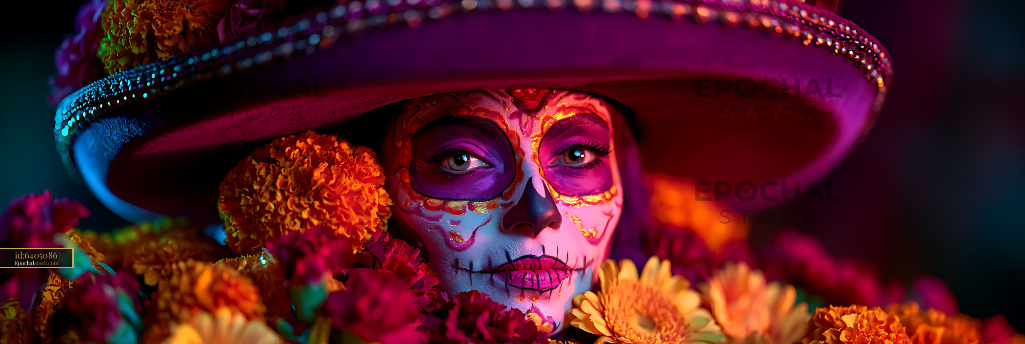 Watermarked full-resolution preview of Vibrant portrait with skeletal makeup, hat, and flowers