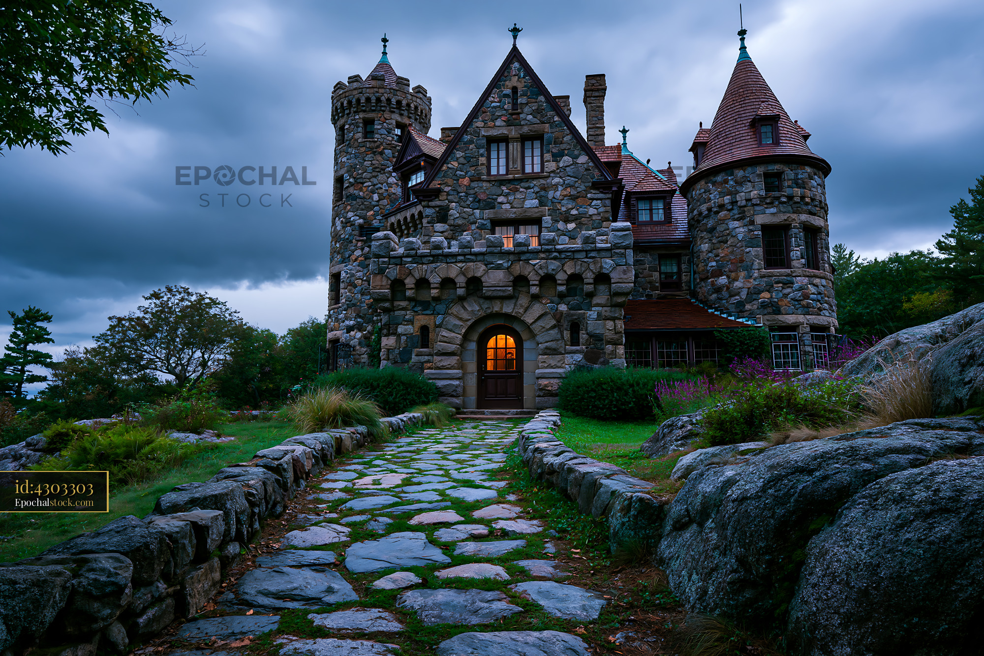 Watermarked full-resolution preview of Historic stone castle with turrets and garden path