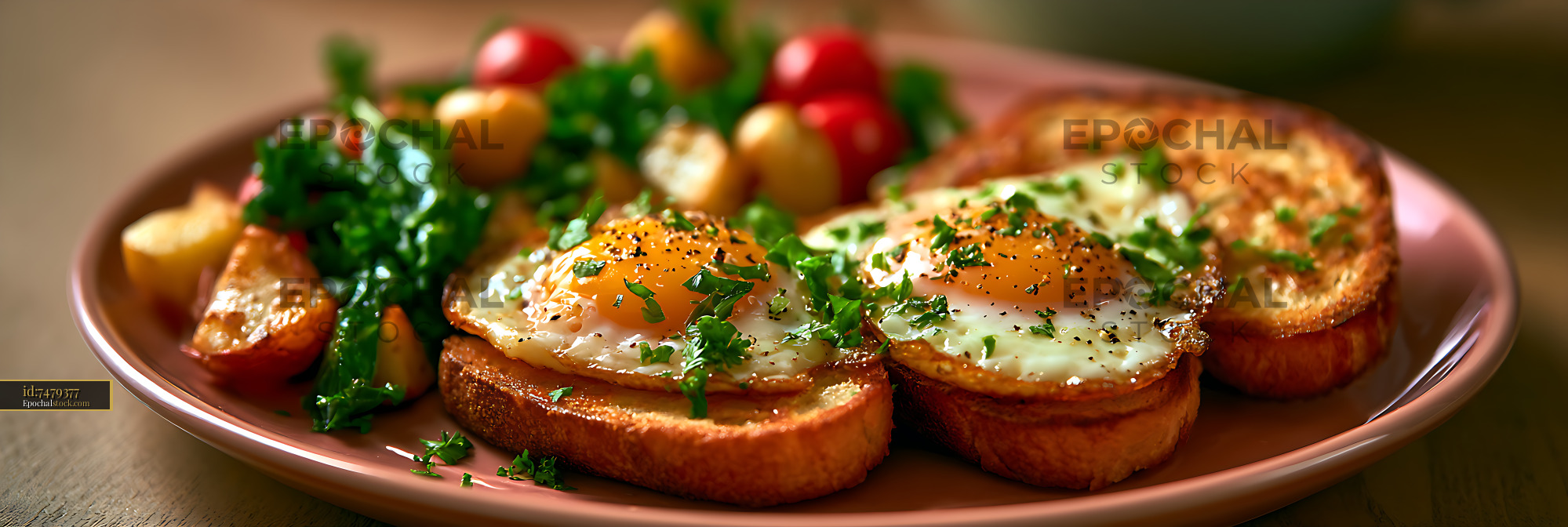 Watermarked full-resolution preview of Savory breakfast plate with eggs, toast, greens, and vegetables