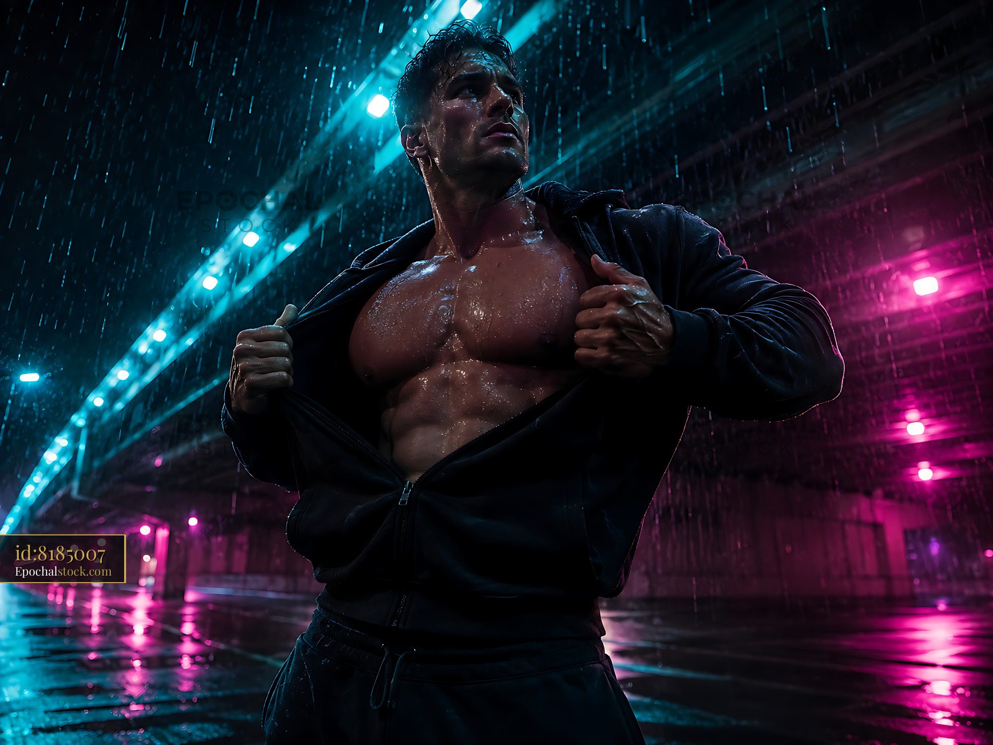 Watermarked full-resolution preview of Man showing muscles under rain with neon lights at night