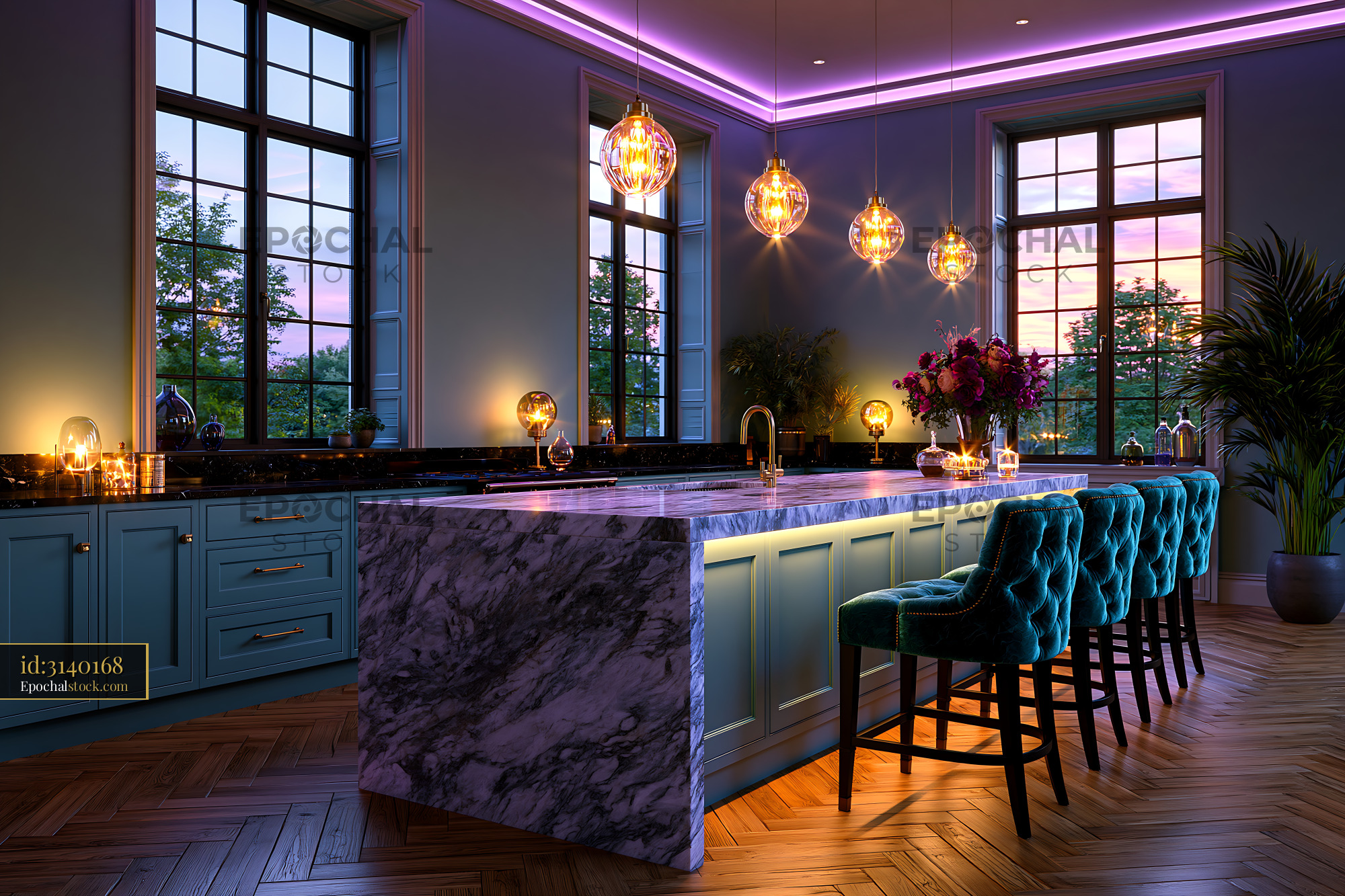 Watermarked full-resolution preview of Modern kitchen with marble island and decorative lighting