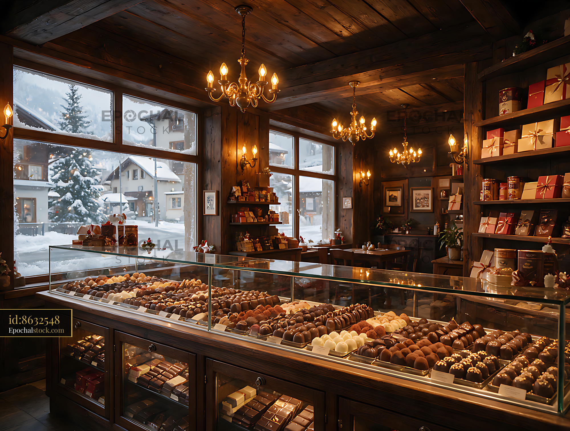 Watermarked full-resolution preview of Chocolate boutique with sweets and snowy mountain village view