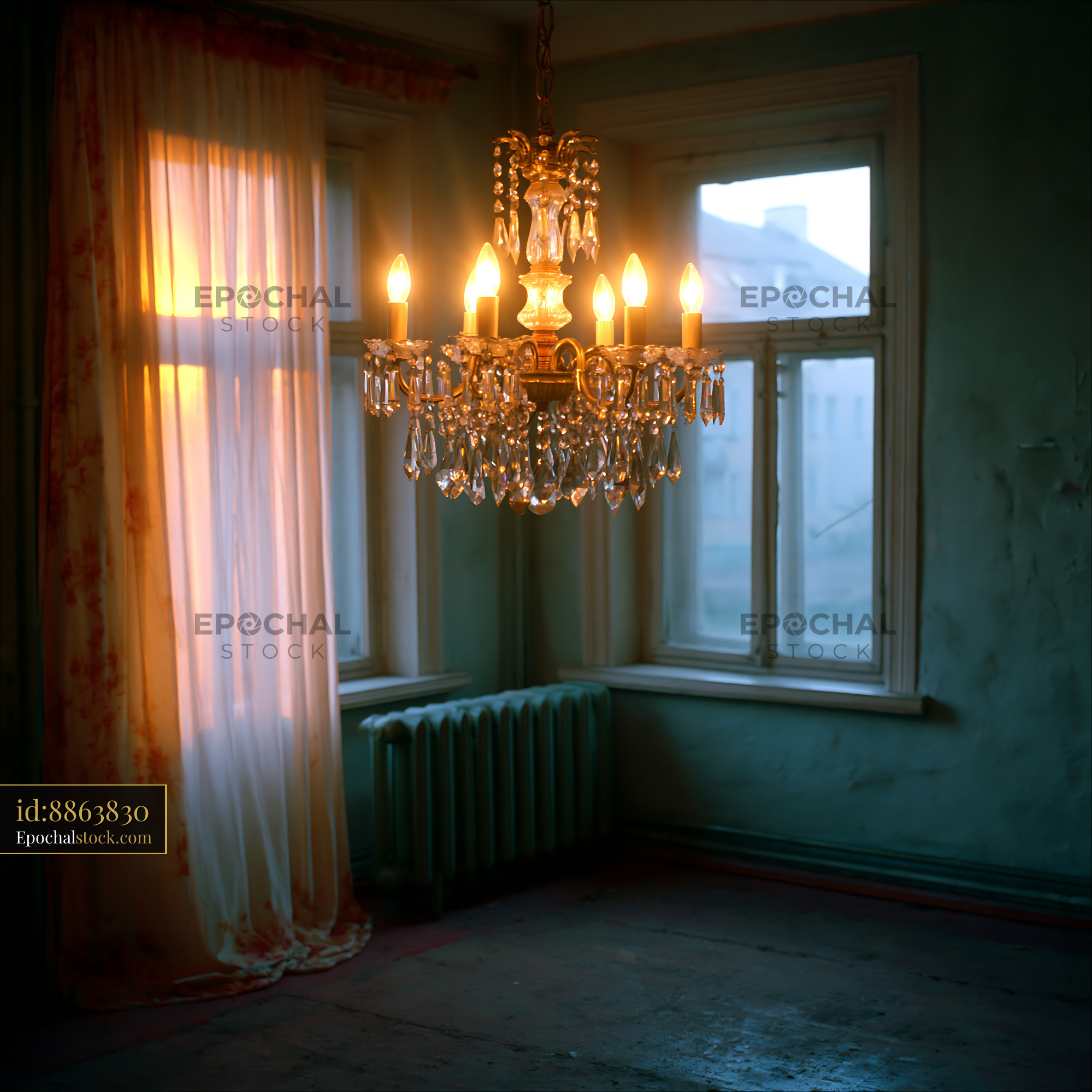 Chandelier in an Empty Room With Soft Light and Curtains - stock photo