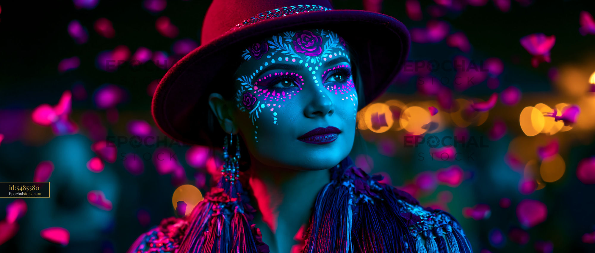 Watermarked full-resolution preview of Woman with face paint and colorful petals in nighttime setting