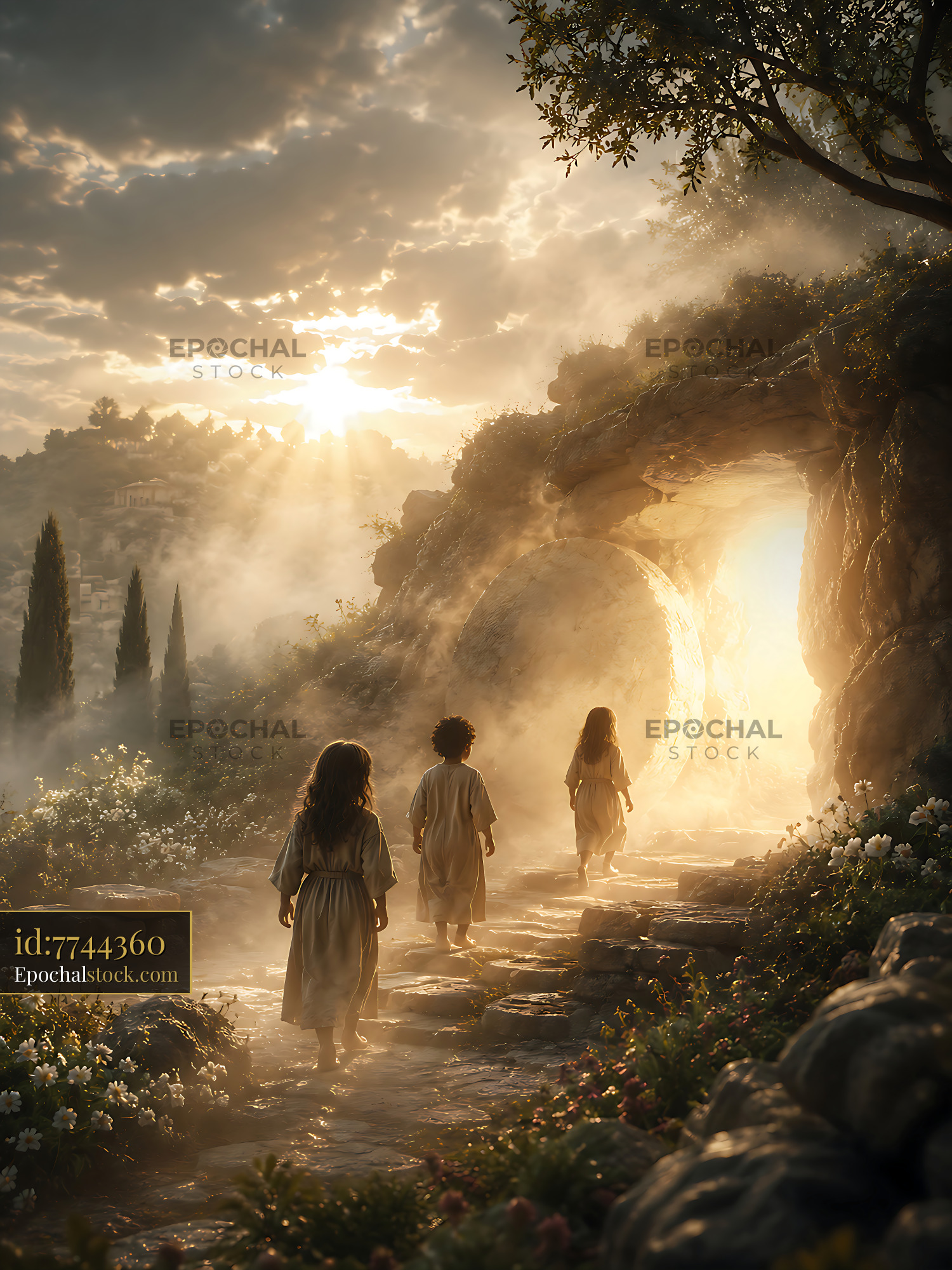 Children Walk Towards Light Through a Stone Arch at Sunset - stock photo