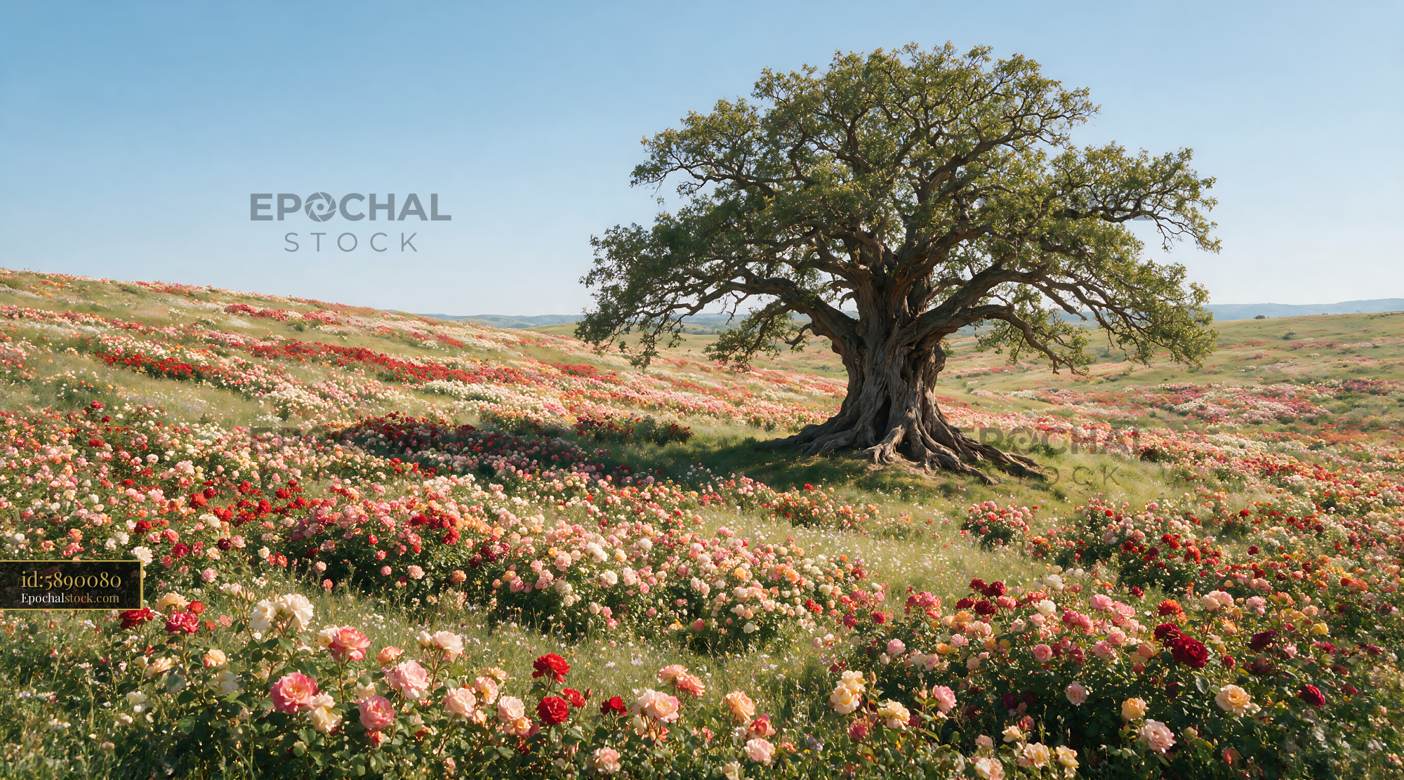Watermarked full-resolution preview of Blossoming flowers surround a lone tree in an open field