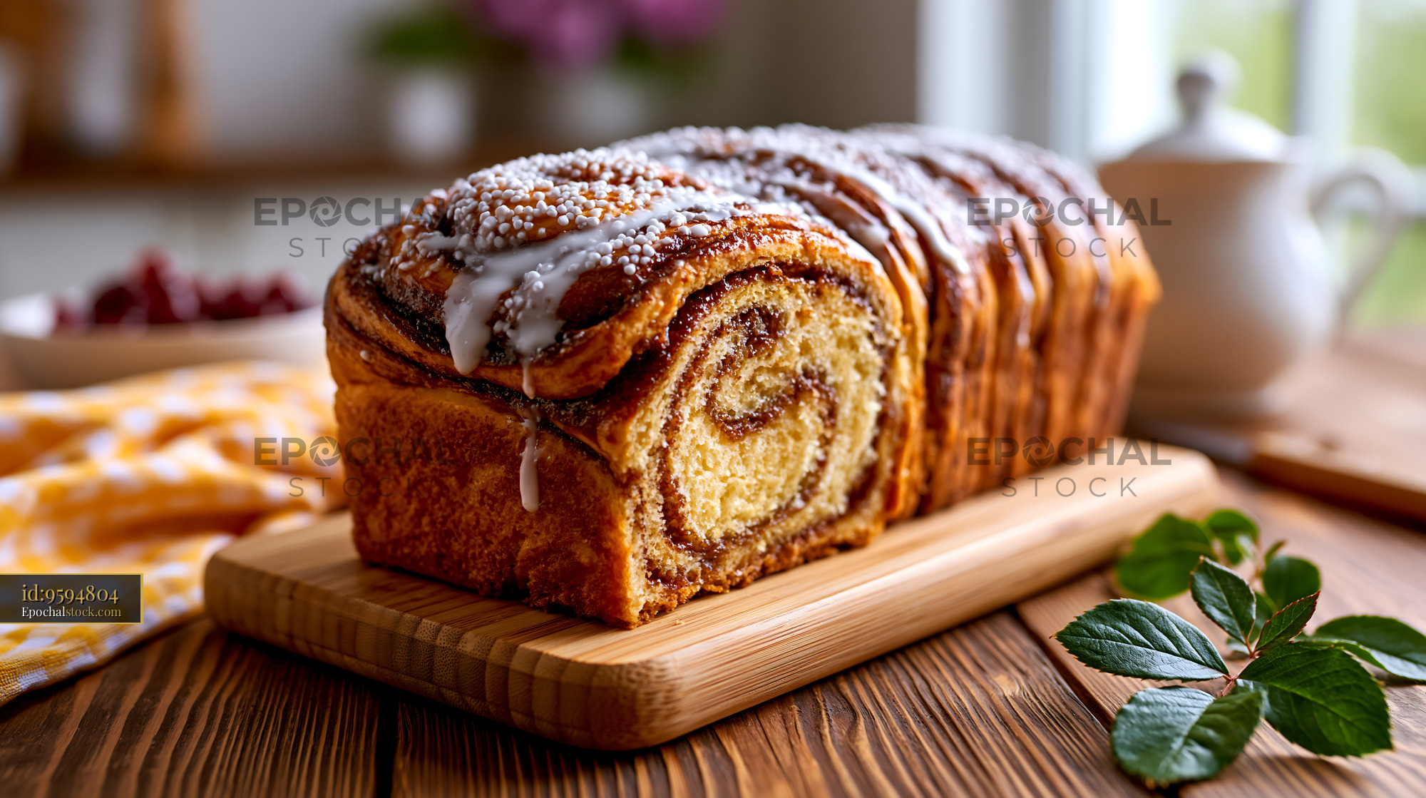 Watermarked full-resolution preview of Cinnamon roll bread on wooden board with soft light