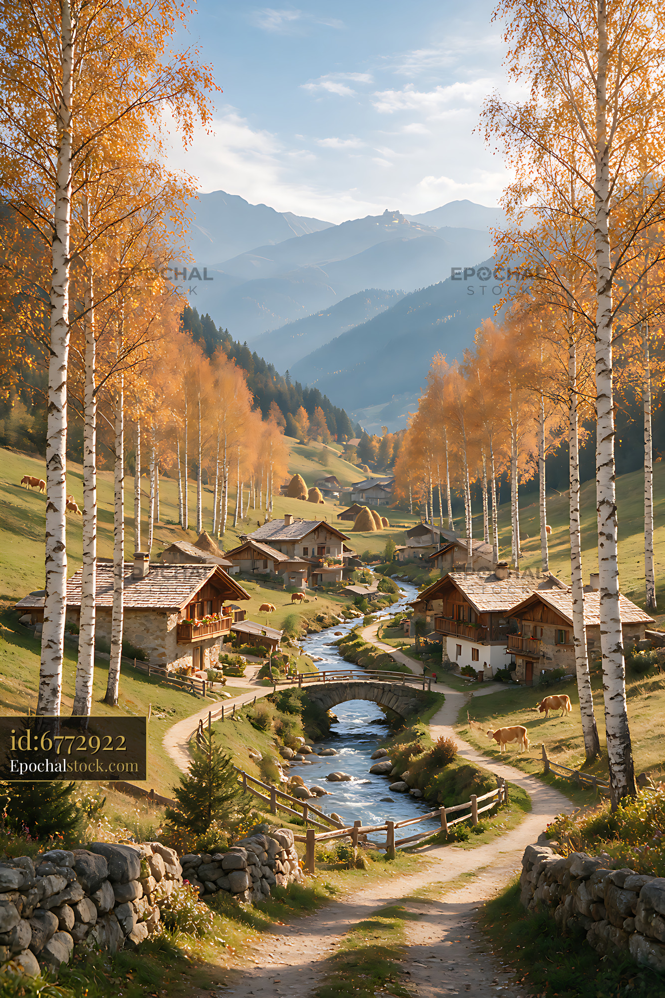Watermarked full-resolution preview of Golden birch trees overlooking a mountain village