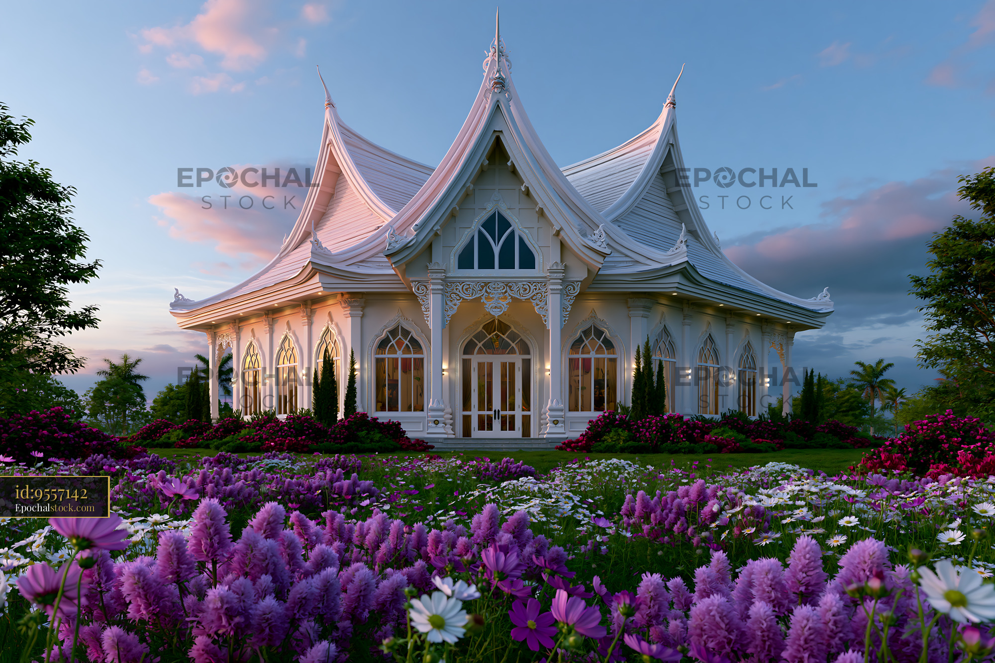 Watermarked full-resolution preview of Decorative white pavilion in a blooming garden at dusk