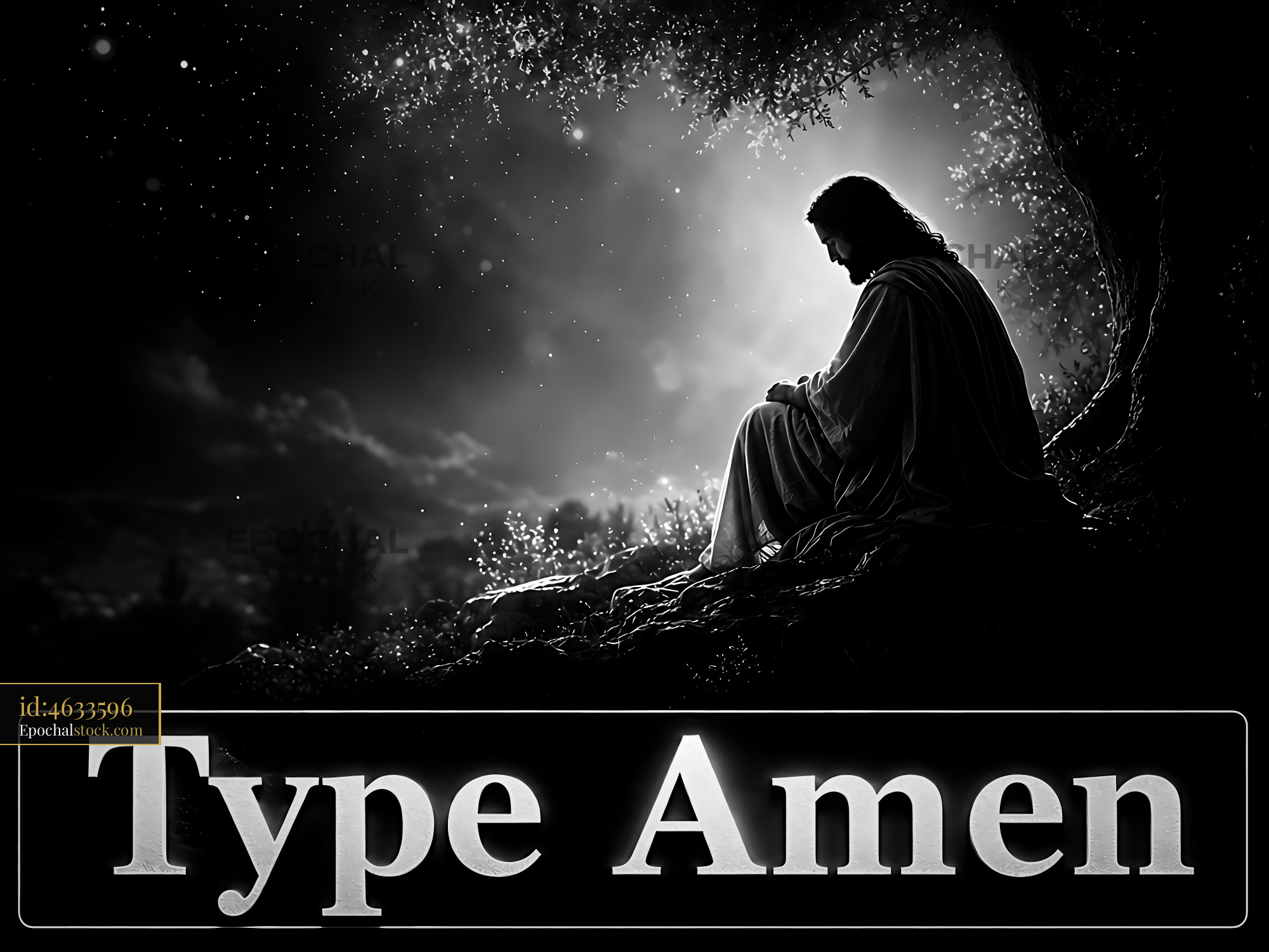 Watermarked full-resolution preview of Silhouette of a man in contemplation under a tree at night