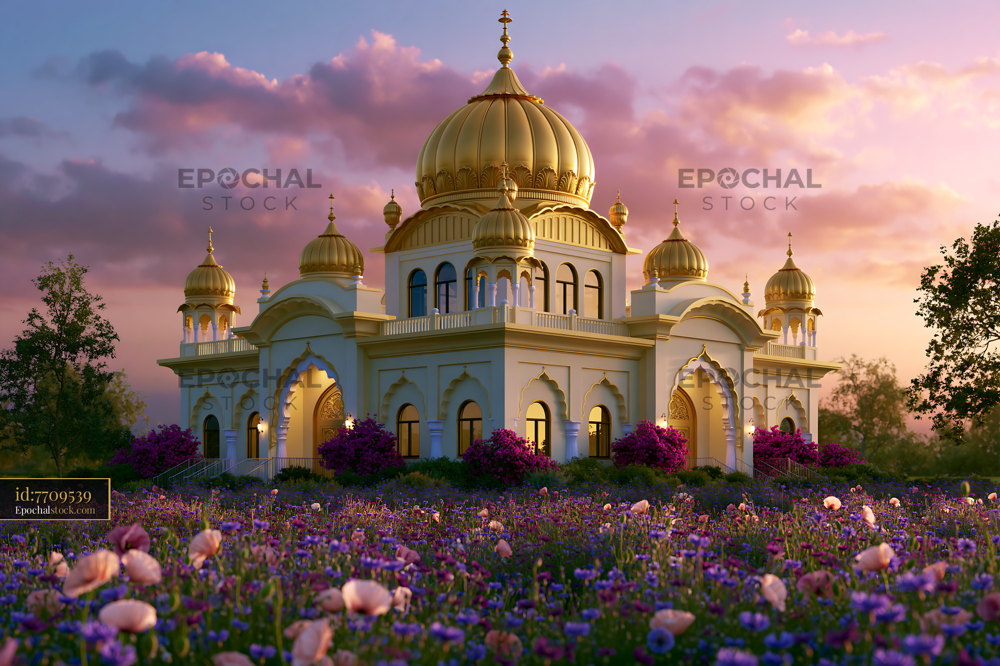 Watermarked full-resolution preview of Golden temple with domes during sunset in a flower field