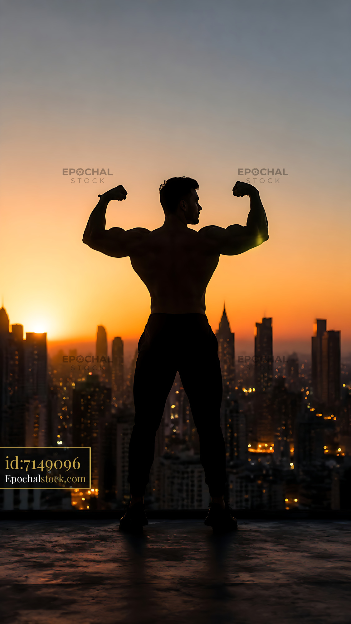 Watermarked full-resolution preview of Muscular person poses at sunset over city skyline