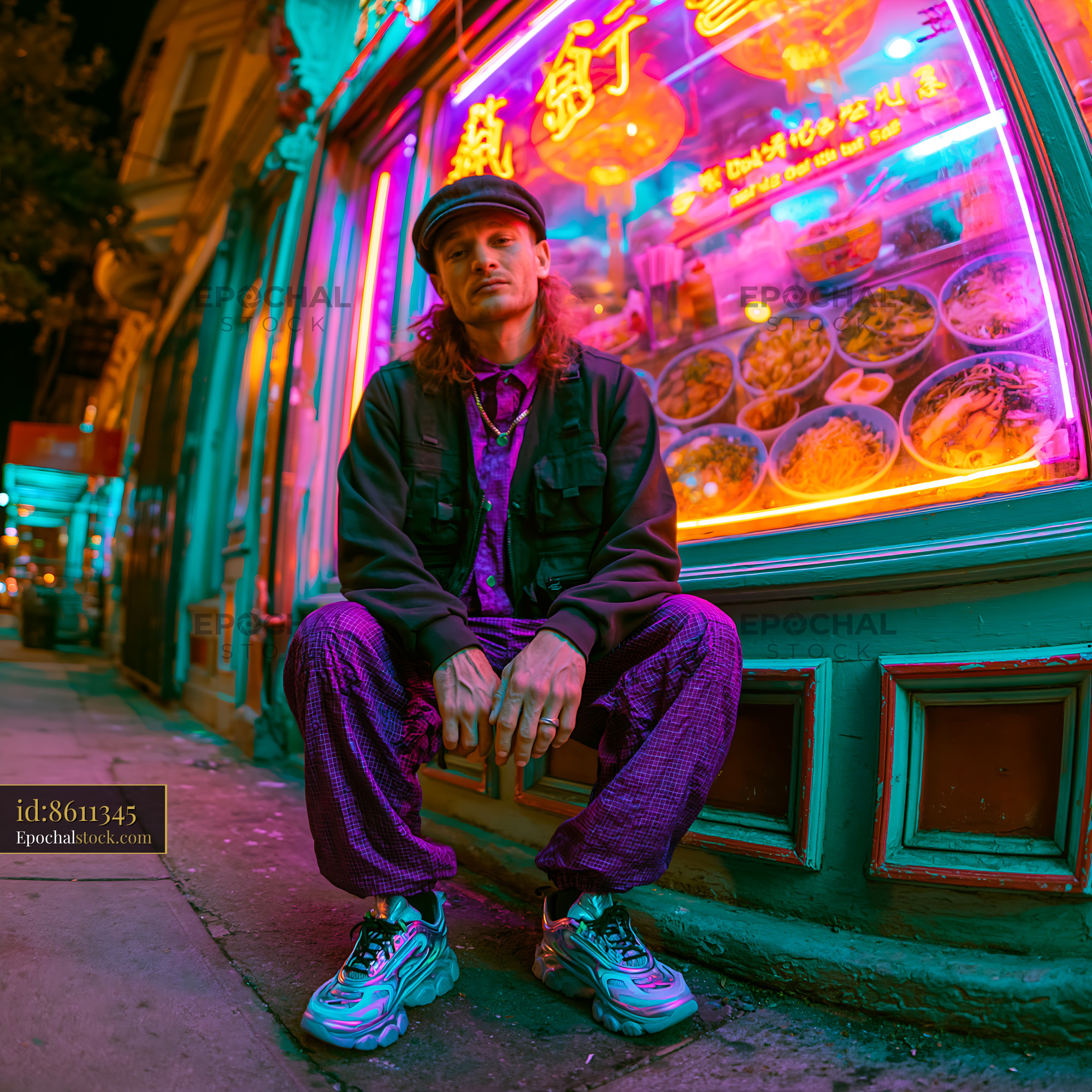 Watermarked full-resolution preview of Man sitting outside a restaurant with colorful neon signs at night