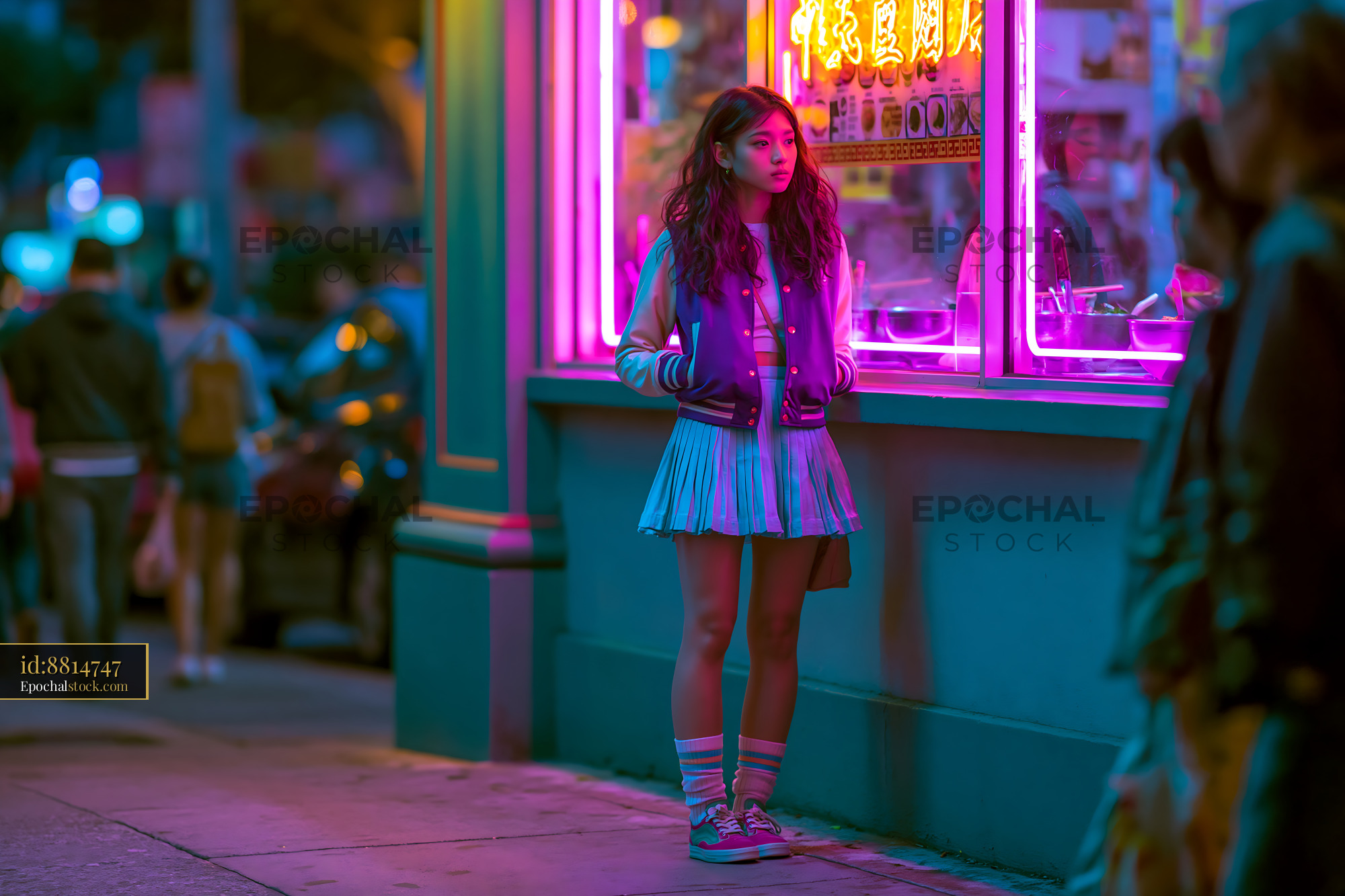 Watermarked full-resolution preview of Woman in colorful neon light beside a food stall