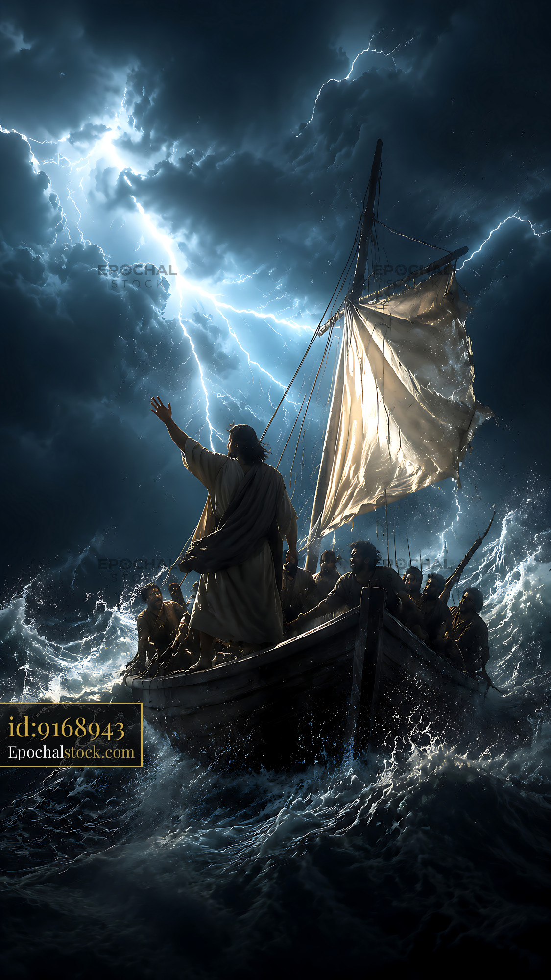Watermarked full-resolution preview of Stormy sea with figures in a boat and lightning in the sky